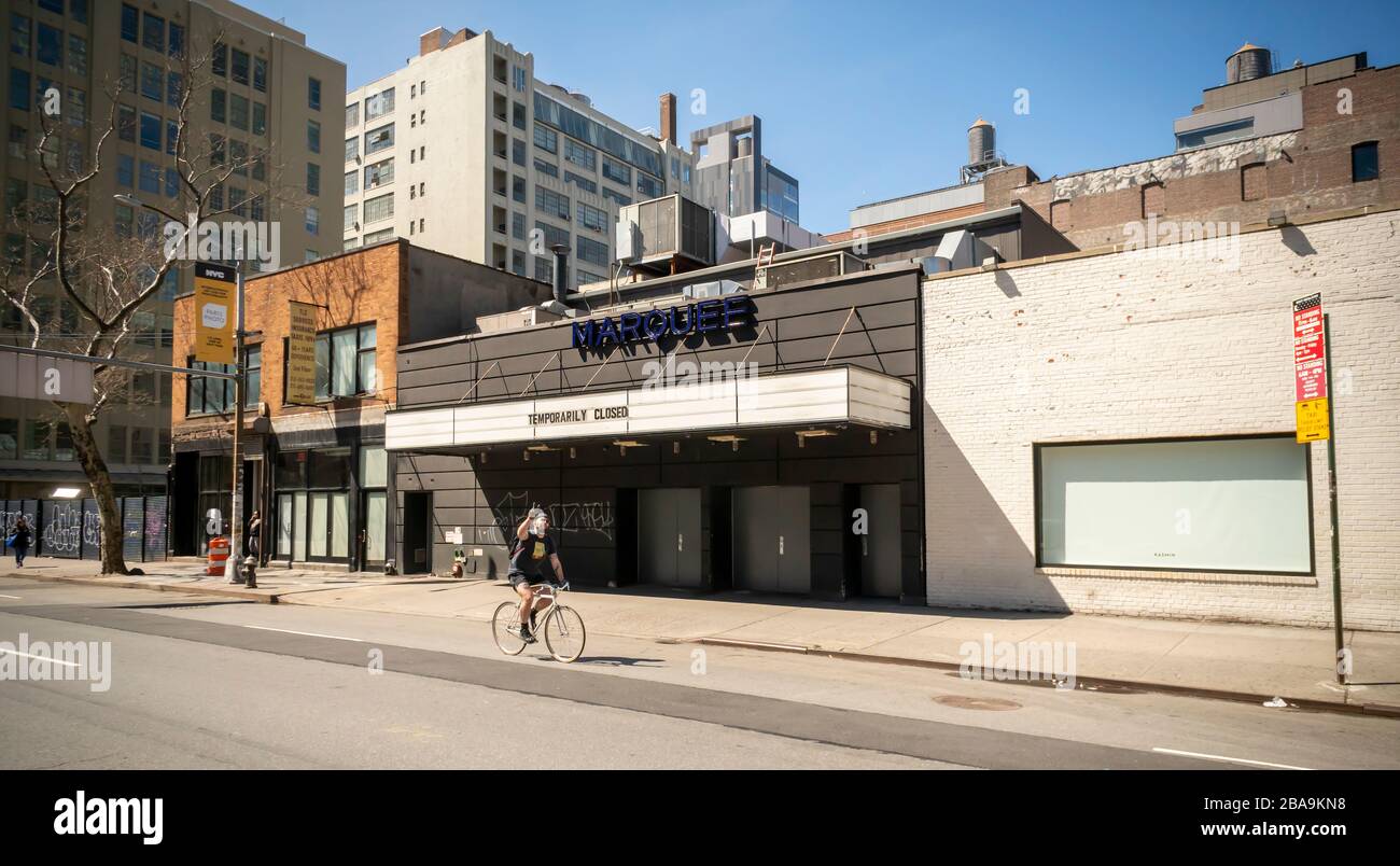 Il marchese del nightclub Marquee a Chelsea a New York annuncia che è temporaneamente chiuso, visto il martedì 24 marzo 2020. A causa della COVID-19 pandemia le imprese non essenziali sono state chiuse. (© Richard B. Levine) Foto Stock
