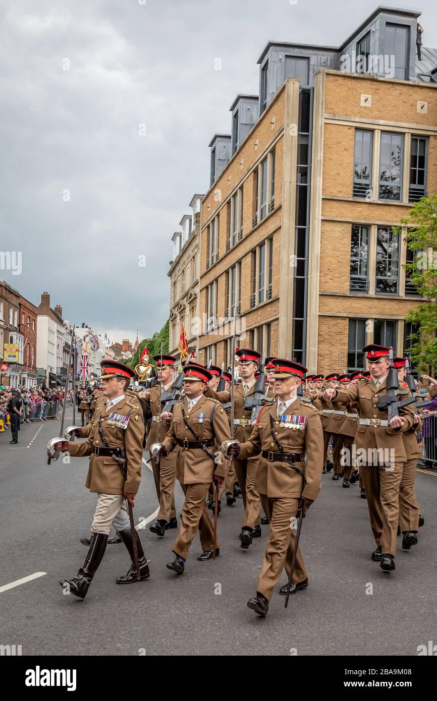 Truppe della Cavalleria domestica durante l'addio della Cavalleria domestica alla parata di Windsor attraverso Windosr, Berkshire, Regno Unito - 18 maggio 2019 Foto Stock