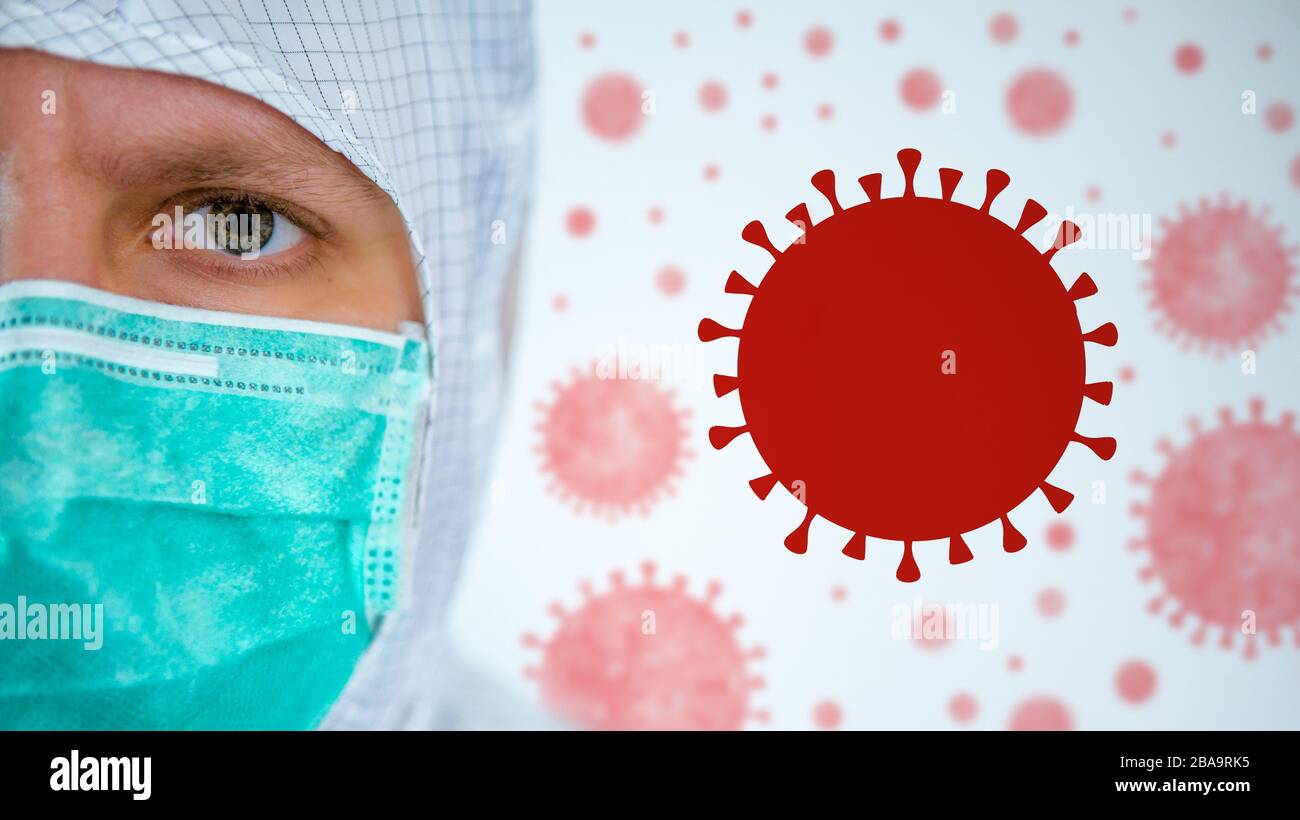 Uomo scientifico che indossa una tuta protettiva e maschera facciale con cellule di coronavirus pericolose. Novel Corona virus 2019-nCov concetto riposizionabile per asian fl Foto Stock