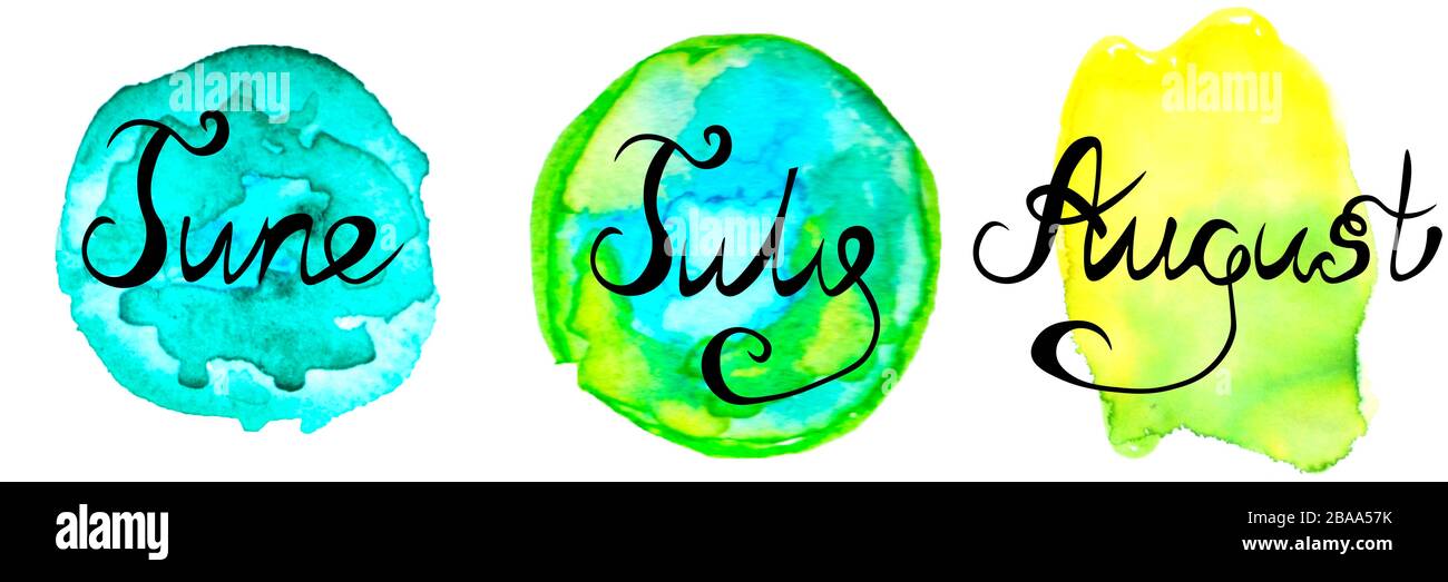 Mesi estivi. Giugno, luglio e agosto. Illustrazione watercolor per un calendario. Lettere, calligrafia. Foto Stock