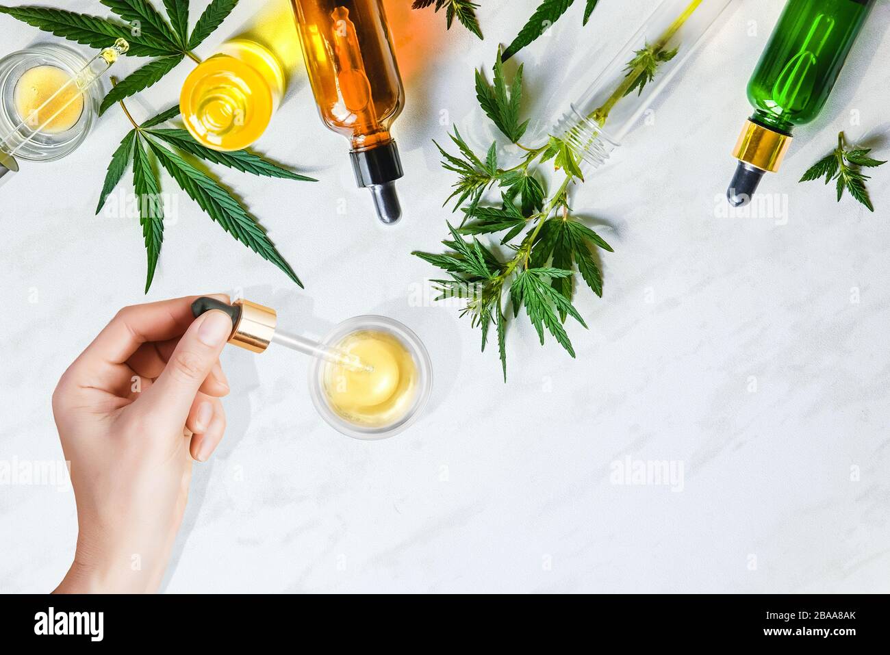 Pipettare l'olio cosmetico CBD in mani femminili su sfondo da tavolo con cosmetici, crema con cannabis e foglie di canapa Foto Stock Pipettare l'olio cosmetico CBD in mani femminili su sfondo da tavolo con cosmetici, crema con cannabis e foglie di canapa Foto Stock