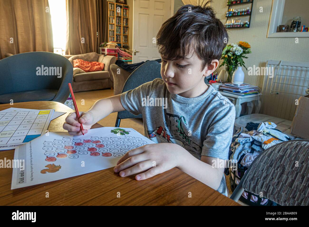 Un giovane ragazzo che colorano in forme dispari numerate come parte di un'esercitazione domestica di scuola. Sta imparando da casa a causa del coronavirus. Foto Stock