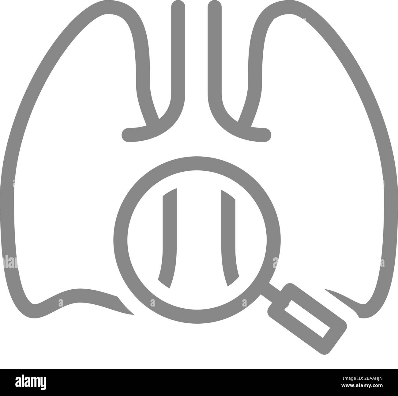 Polmoni con icona della linea di ingrandimento. Ricerca di organi, analisi della salute, simbolo di prevenzione delle malattie Illustrazione Vettoriale