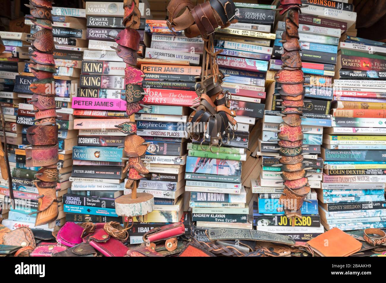 Libri cartacei e acconciature in pelle in vendita presso la bancarella del mercato, Norwich, Norfolk, Inghilterra, Regno Unito Foto Stock