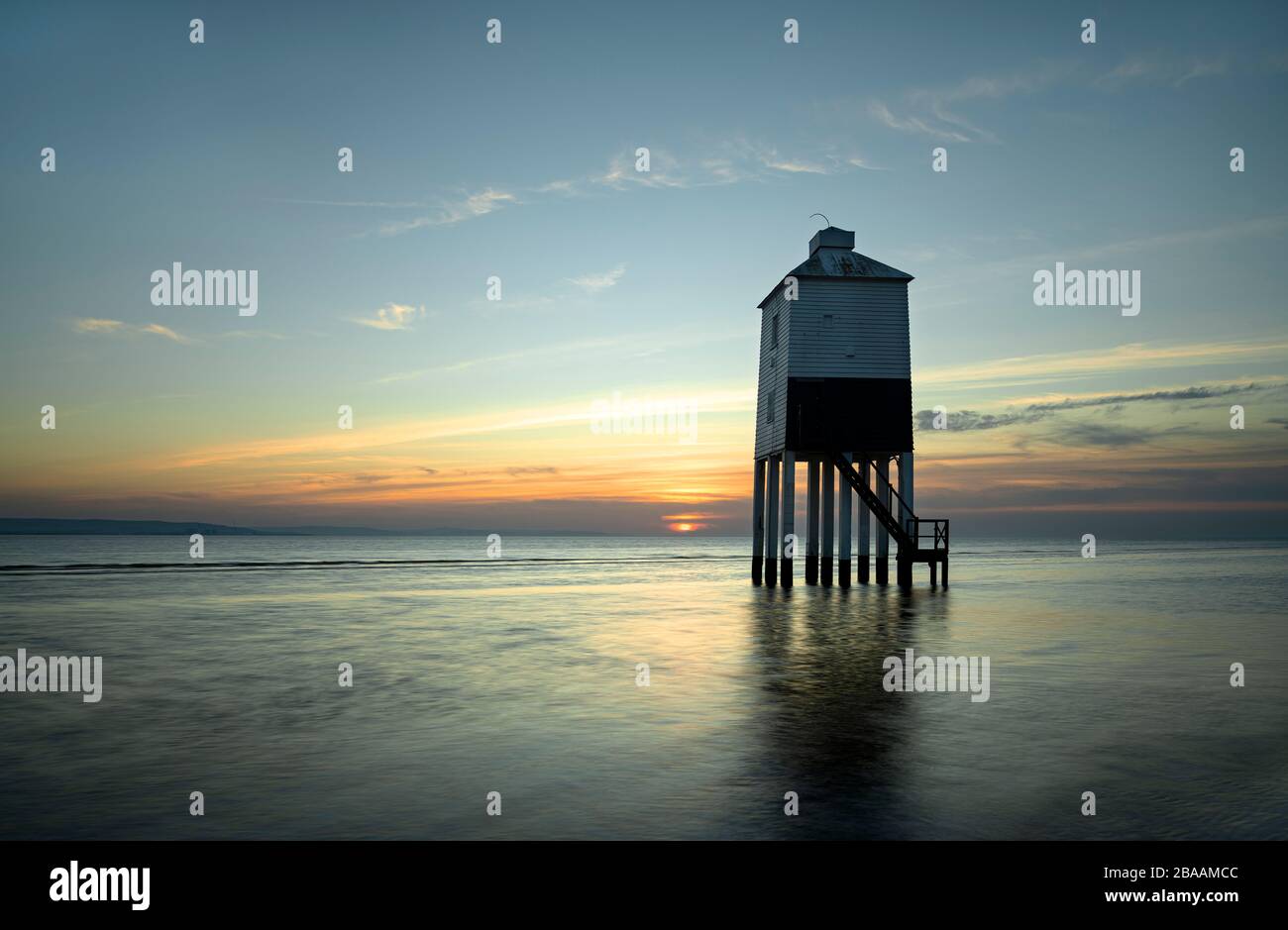 Burnham on Sea Lighthouse al tramonto Foto Stock