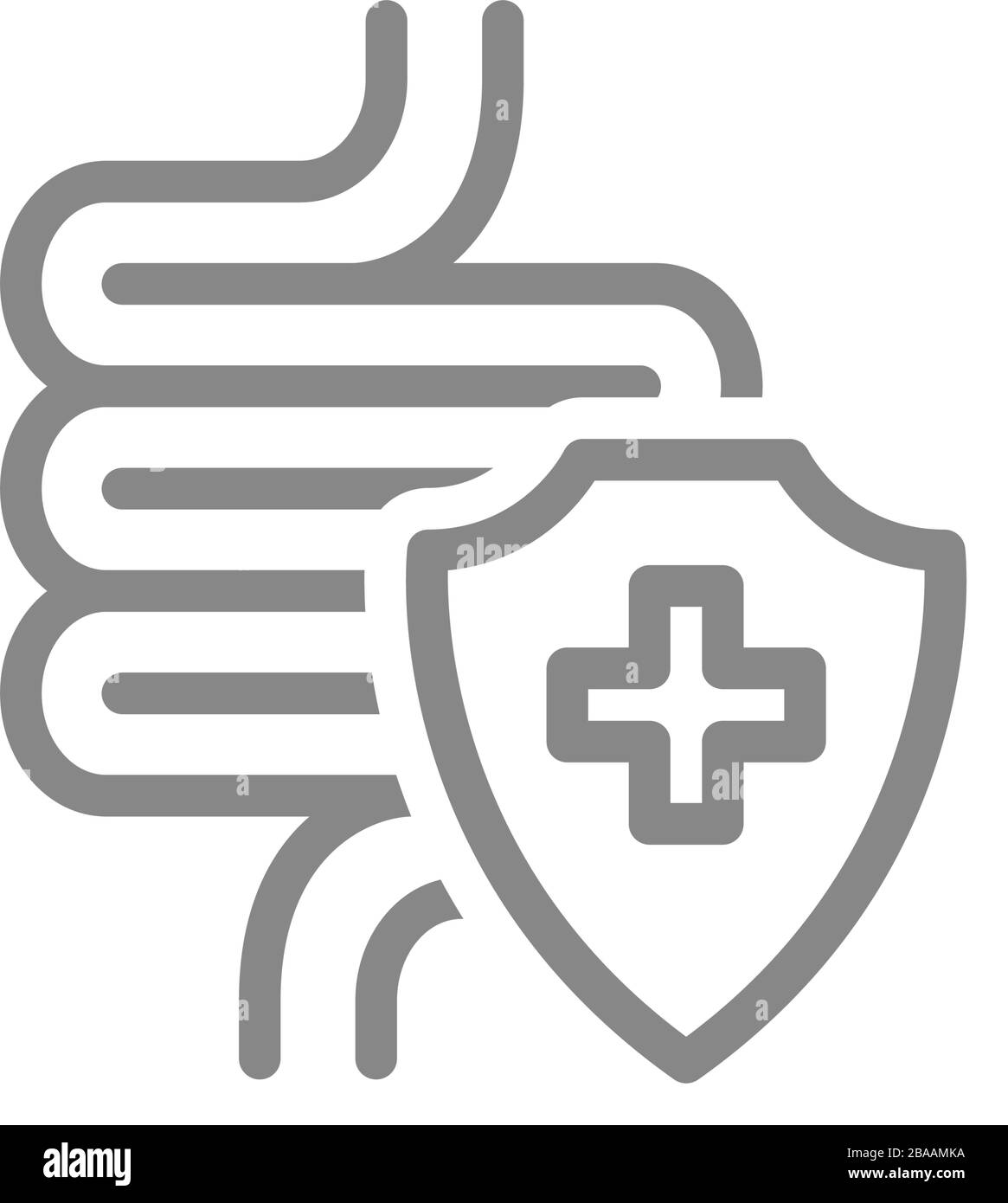 Icona della linea dell'intestino sana e protetta. Trattamento del tratto digestivo, simbolo di pronto soccorso per malattie intestinali Illustrazione Vettoriale