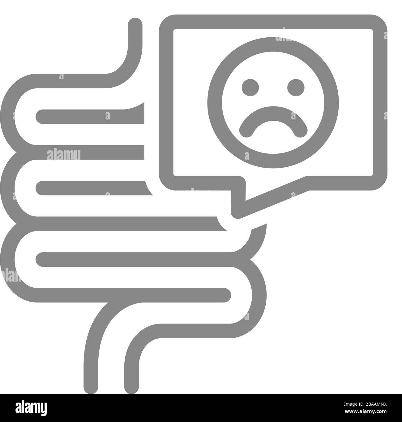 Intestino con faccia triste nell'icona della linea della bolla del parlato. Organo interno malato, simbolo di malattia del tratto digestivo Illustrazione Vettoriale
