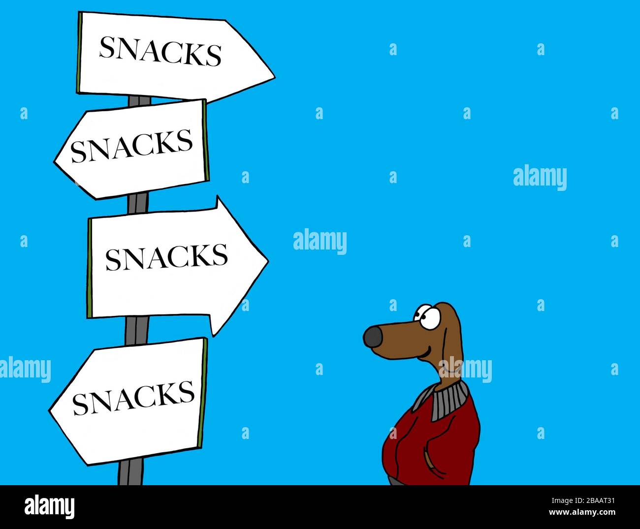 Cartoni animati a colori raffiguranti un cane tentato da molte opportunità di snack. Foto Stock