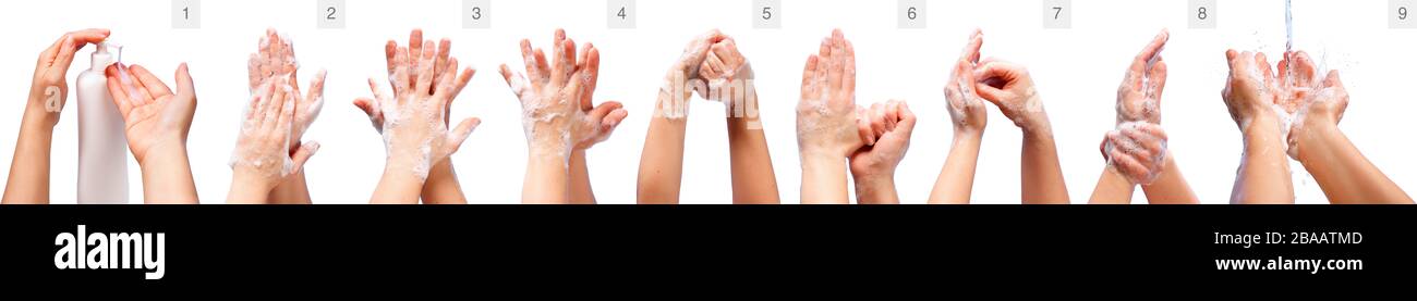Procedura medica per il lavaggio delle mani corretta, passo dopo passo Foto Stock