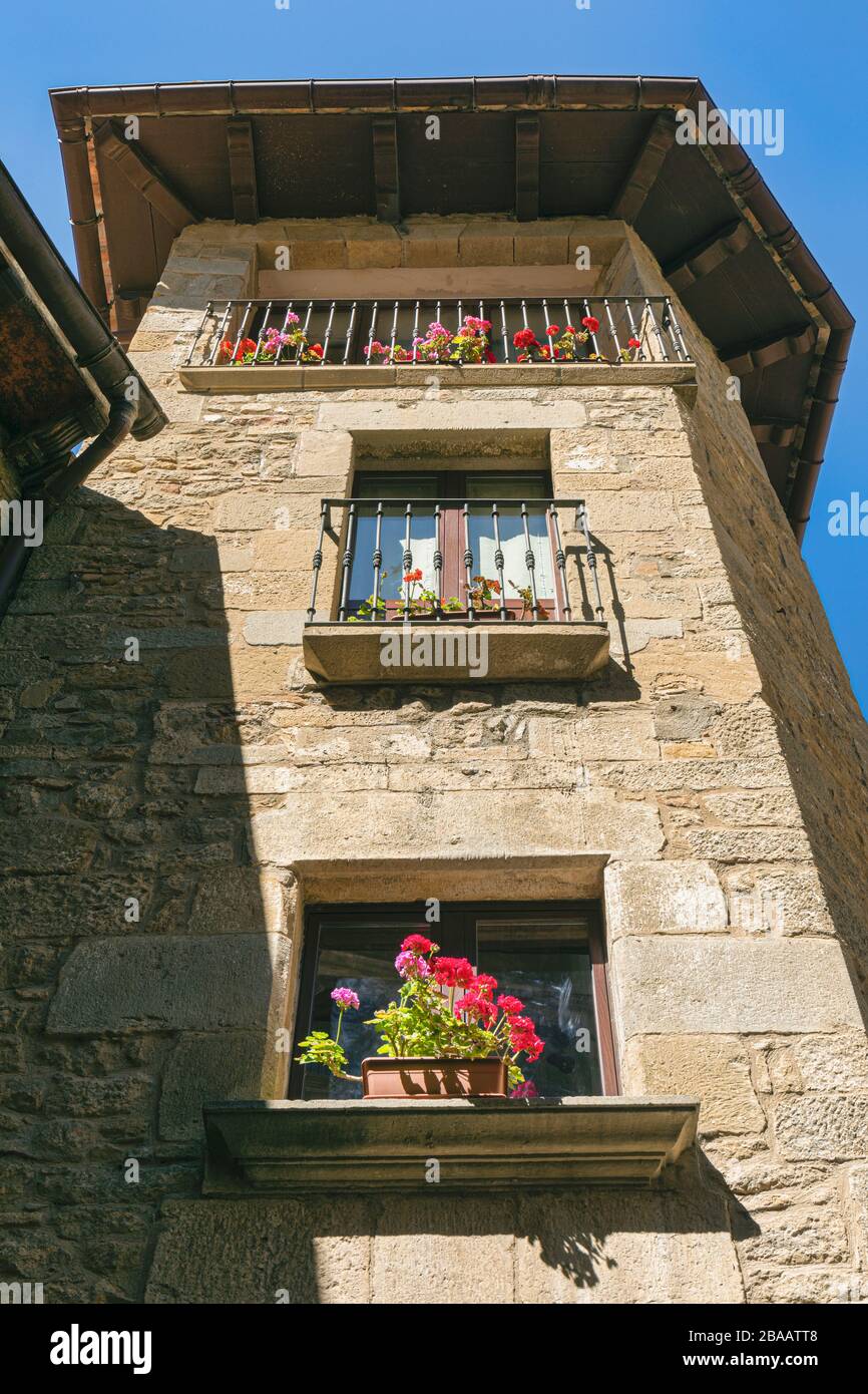 SOS del Rey Catolico, Provincia di Saragozza, Aragona, Spagna. Architettura tipica. Balconi con fiori. SOS fu il luogo di nascita di Ferdinando II di Ara Foto Stock