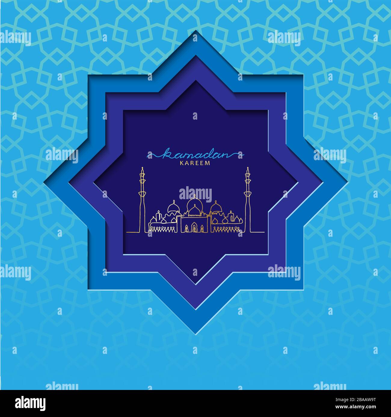 Carta vettoriale quadrata blu Ramadzan con illustrazione della Grande moschea. Illustrazione Vettoriale