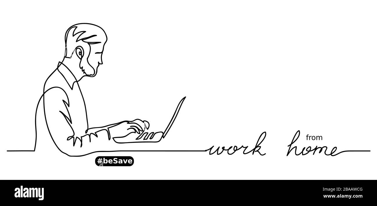 Lettere di lavoro da casa. Uomo con banner vettoriale per laptop Illustrazione Vettoriale