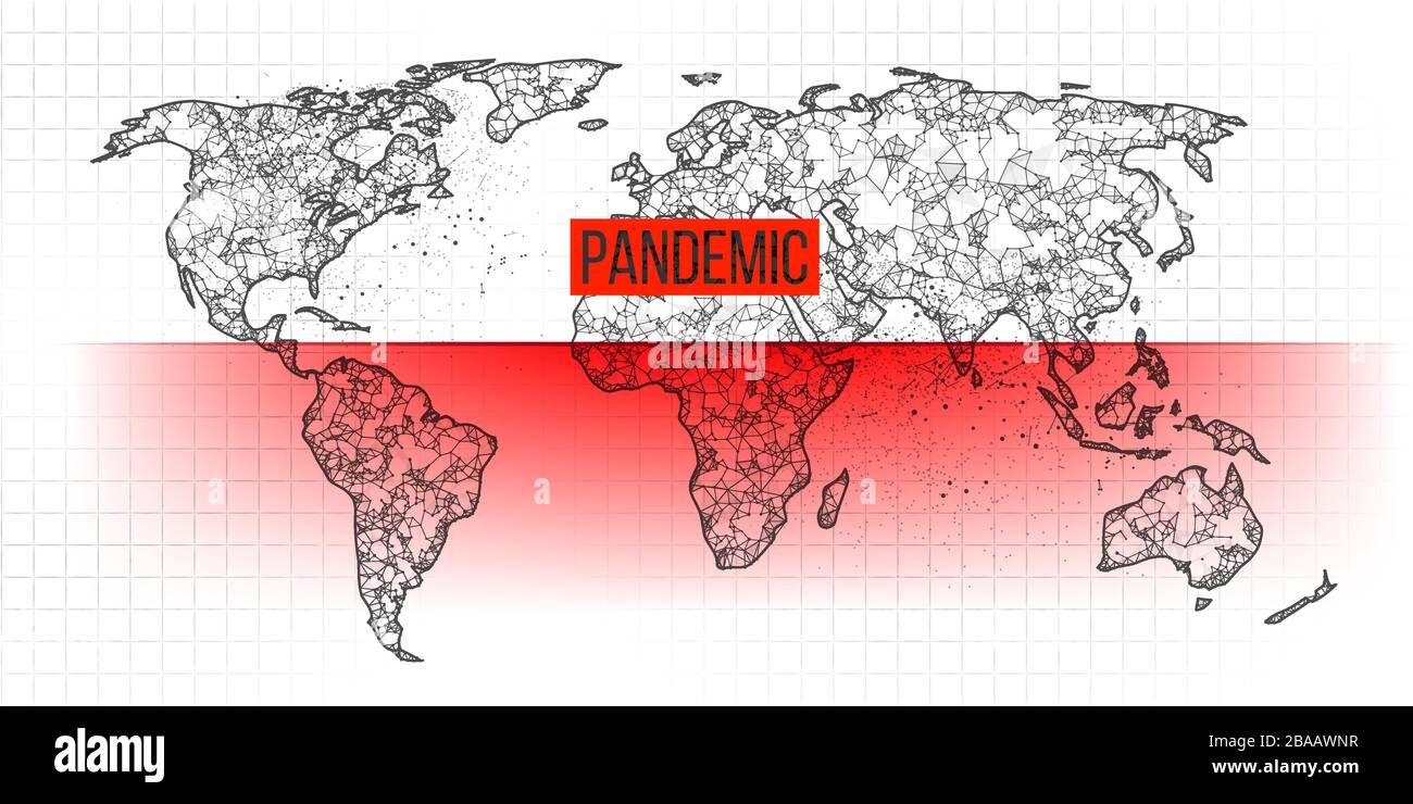 Mappa del mondo nuovo coronavirus pandemico COVID-2019. Epidemia diffusa per paese su sfondo bianco. Analisi e studio di un nuovo virus. L'invenzione di Illustrazione Vettoriale