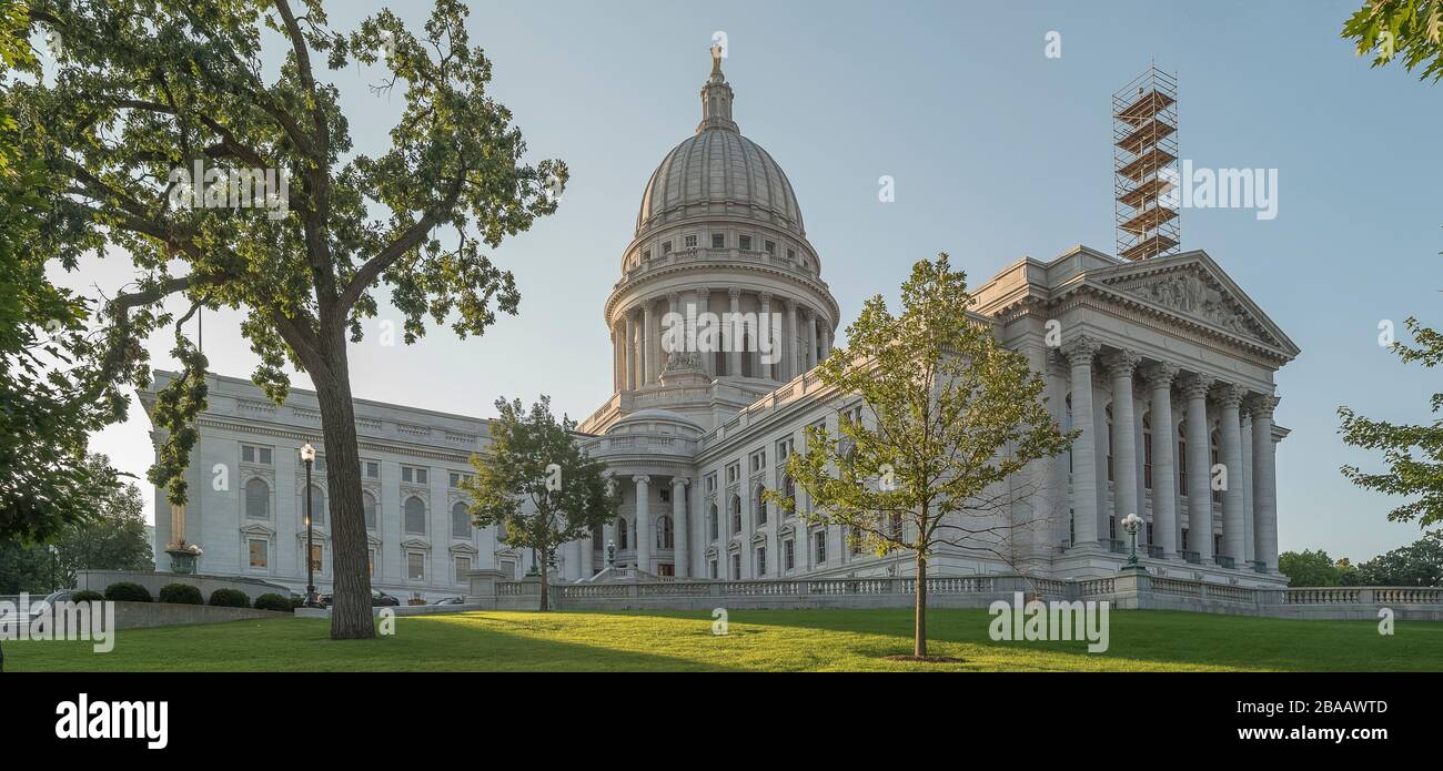 Vista del Wisconsin state Capitol Building, Madison, Dane County, Wisconsin, Stati Uniti Foto Stock