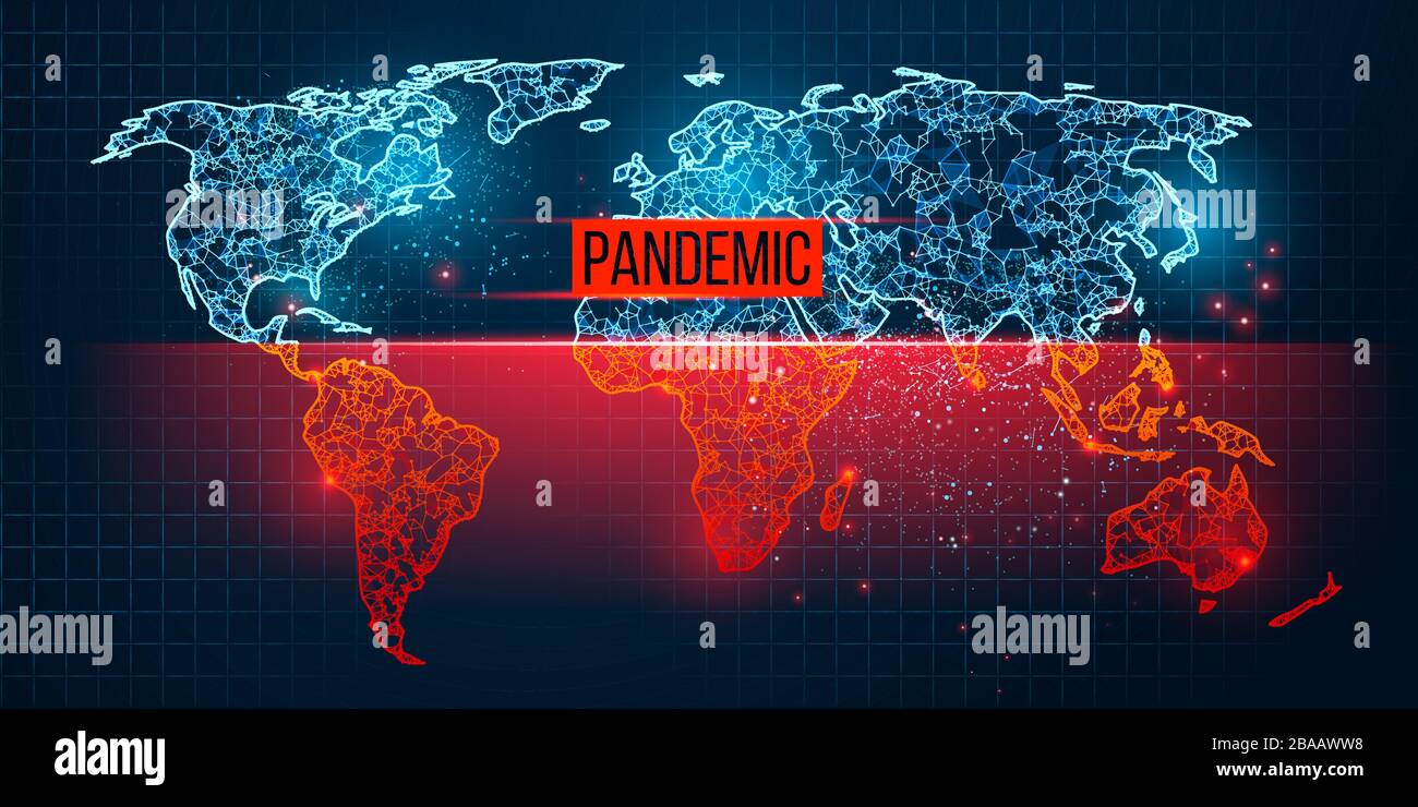 Mappa del mondo nuovo coronavirus pandemico COVID-2019. Epidemia diffusa da paese su sfondo blu. Analisi e studio di un nuovo virus. L'invenzione di Illustrazione Vettoriale
