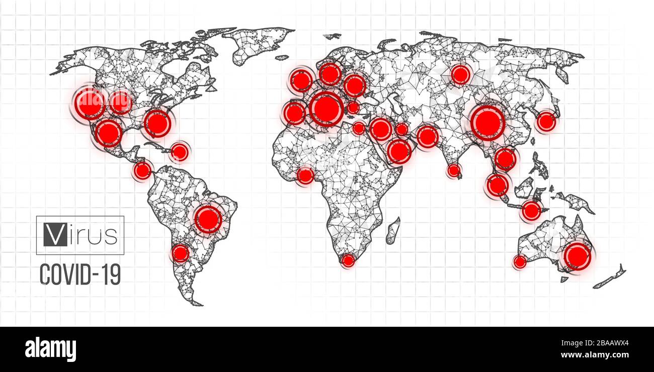 Mappa del mondo nuovo coronavirus pandemico COVID-2019. Epidemia diffusa per paese su sfondo bianco. Analisi e studio di un nuovo virus. L'invenzione di Illustrazione Vettoriale