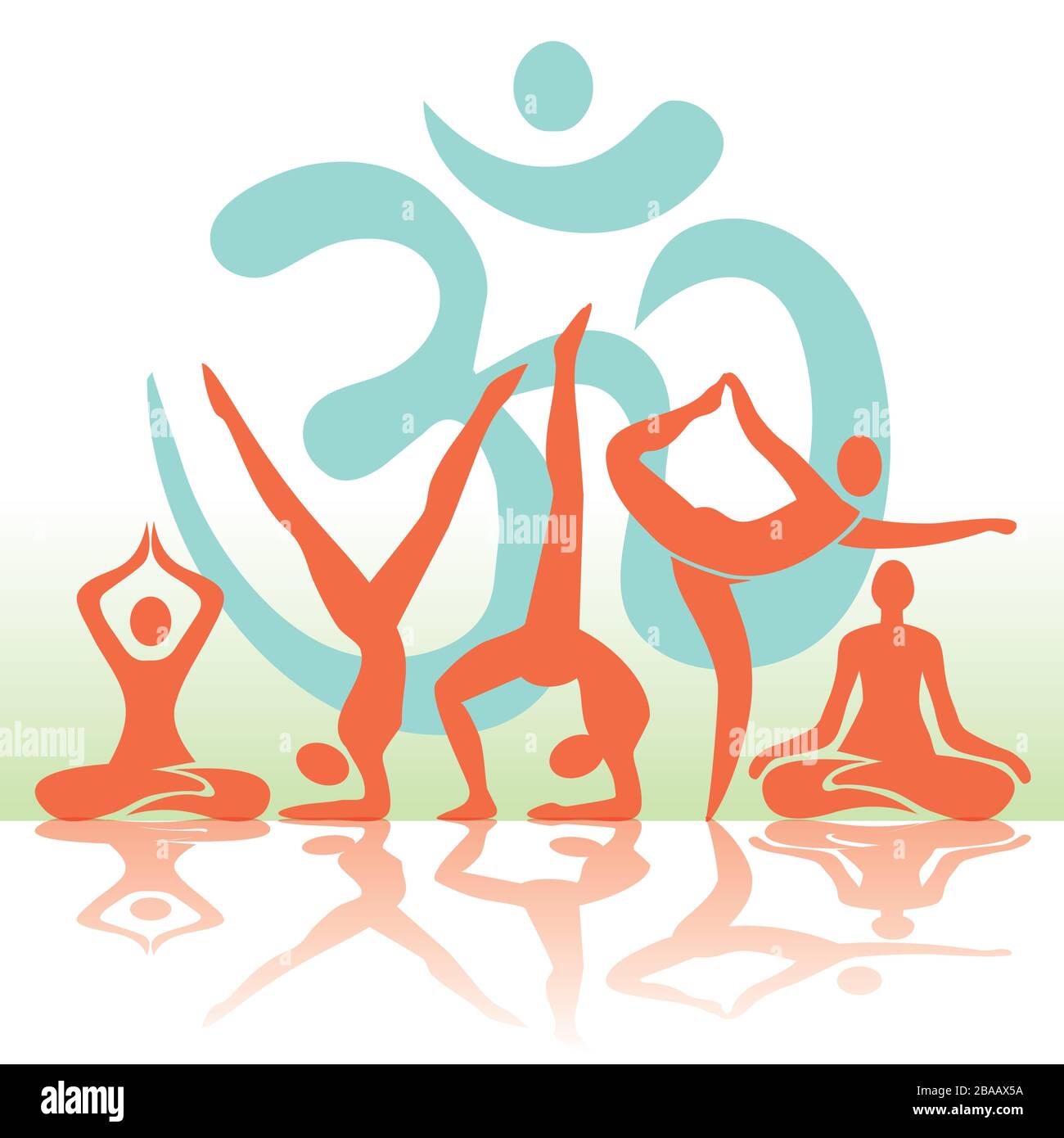 Yoga posiziona le silhouette con il simbolo om. Illustrazione di cinque pose yoga, icone. Vettore disponibile. Illustrazione Vettoriale