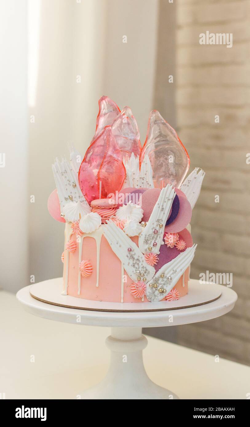 Moderna ed elegante torta rosa con caramello, cioccolato bianco, carta da waffle, meringhe e macaroon francesi decorati su cakestand bianco. Foto Stock