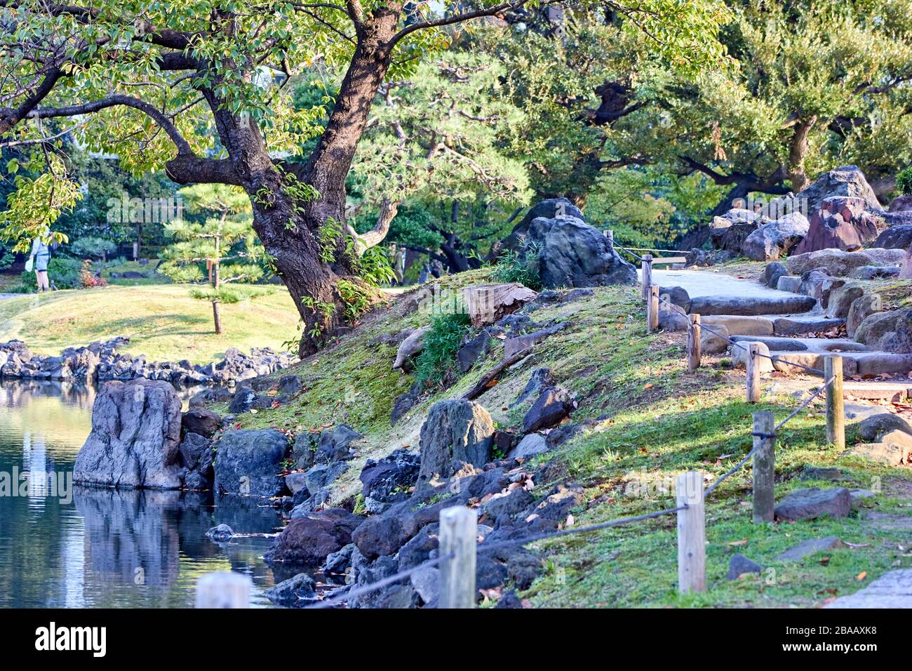 Vista sul giardino in stile giapponese in una giornata di sole Foto Stock