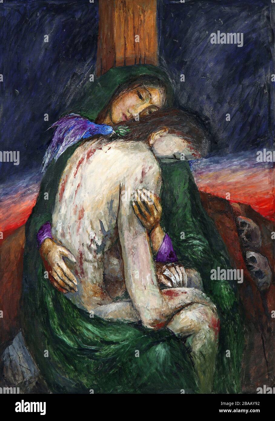 Il corpo di Gesù viene rimosso dalla croce, tredicesima stazione della Croce da Sieger Koder nella chiesa di Santo Stefano a Wasseralfingen, Germania Foto Stock