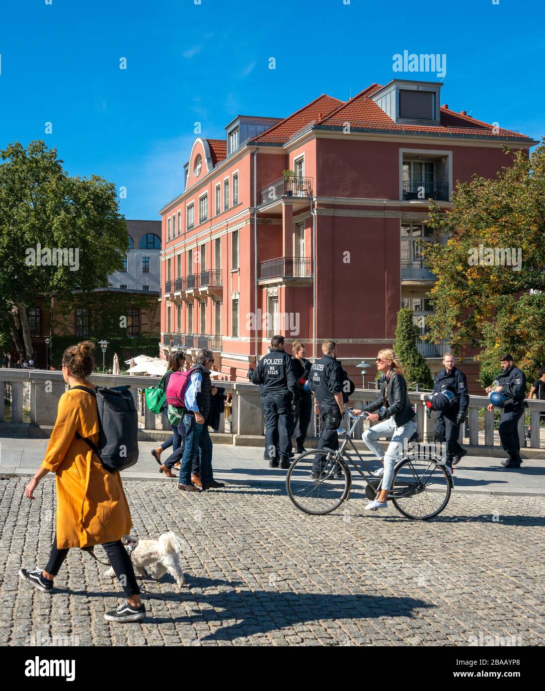 I poliziotti del controllo della polizia di Berlino e sorvegliano il blocco di contatto corona sul ponte monbijou Foto Stock
