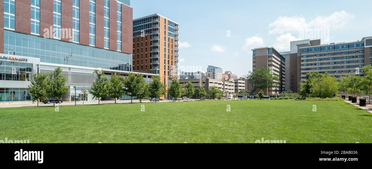 Green Lawn in East Campus Mall of University of Wisconsin-Madison, Madison, Dane County, Wisconsin, Stati Uniti Foto Stock
