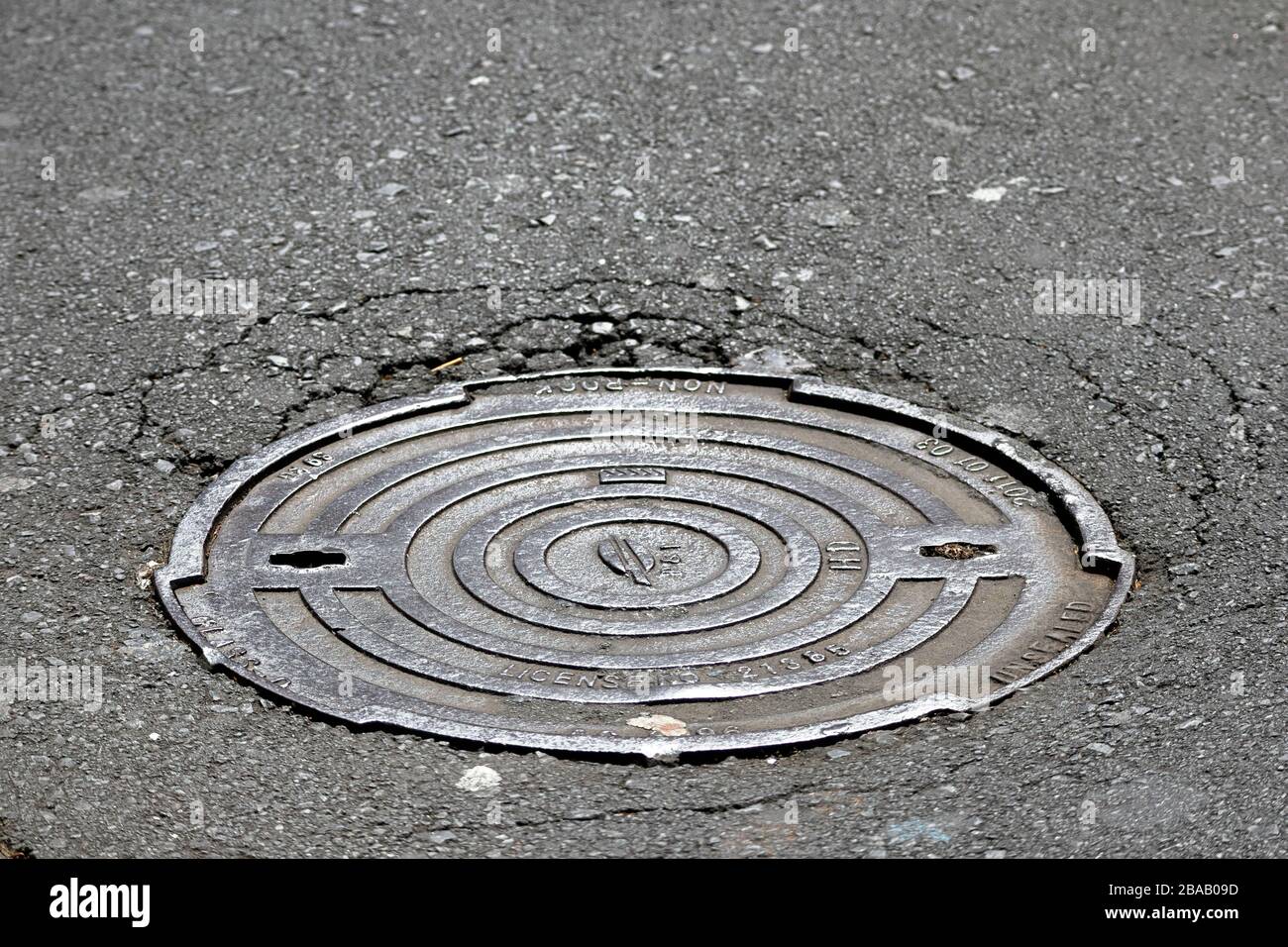 Modelli su una copertura di botola a Queen Street, Auckland CBD, Nuova Zelanda Foto Stock