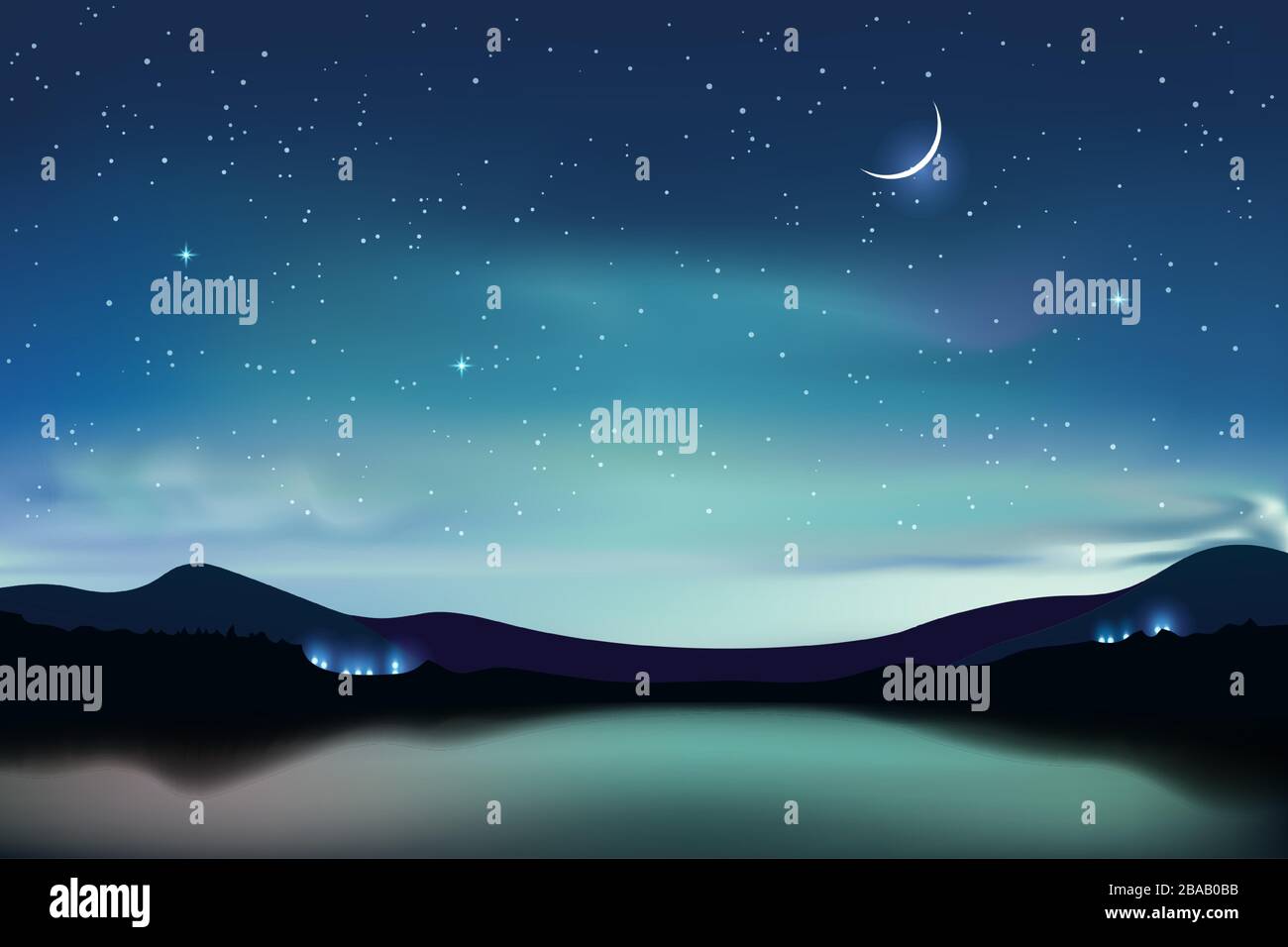 Lago di montagna con cielo stellato turchese scuro e una luna crescente, cielo notturno sfondo realistico, illustrazione vettoriale. Illustrazione Vettoriale