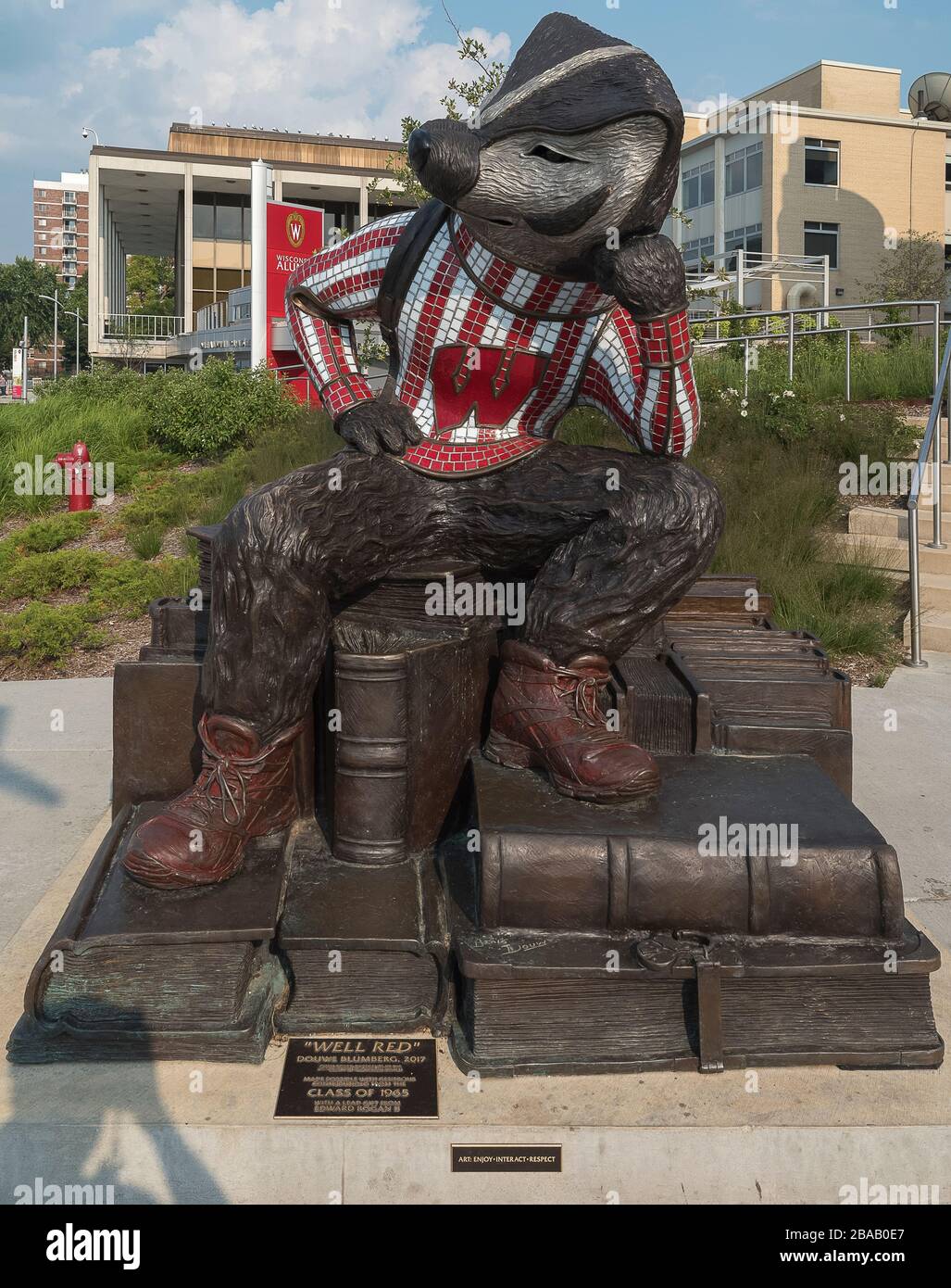 Statua di Bucky Badger in Alumni Park, Madison, Dane County, Wisconsin, Stati Uniti Foto Stock