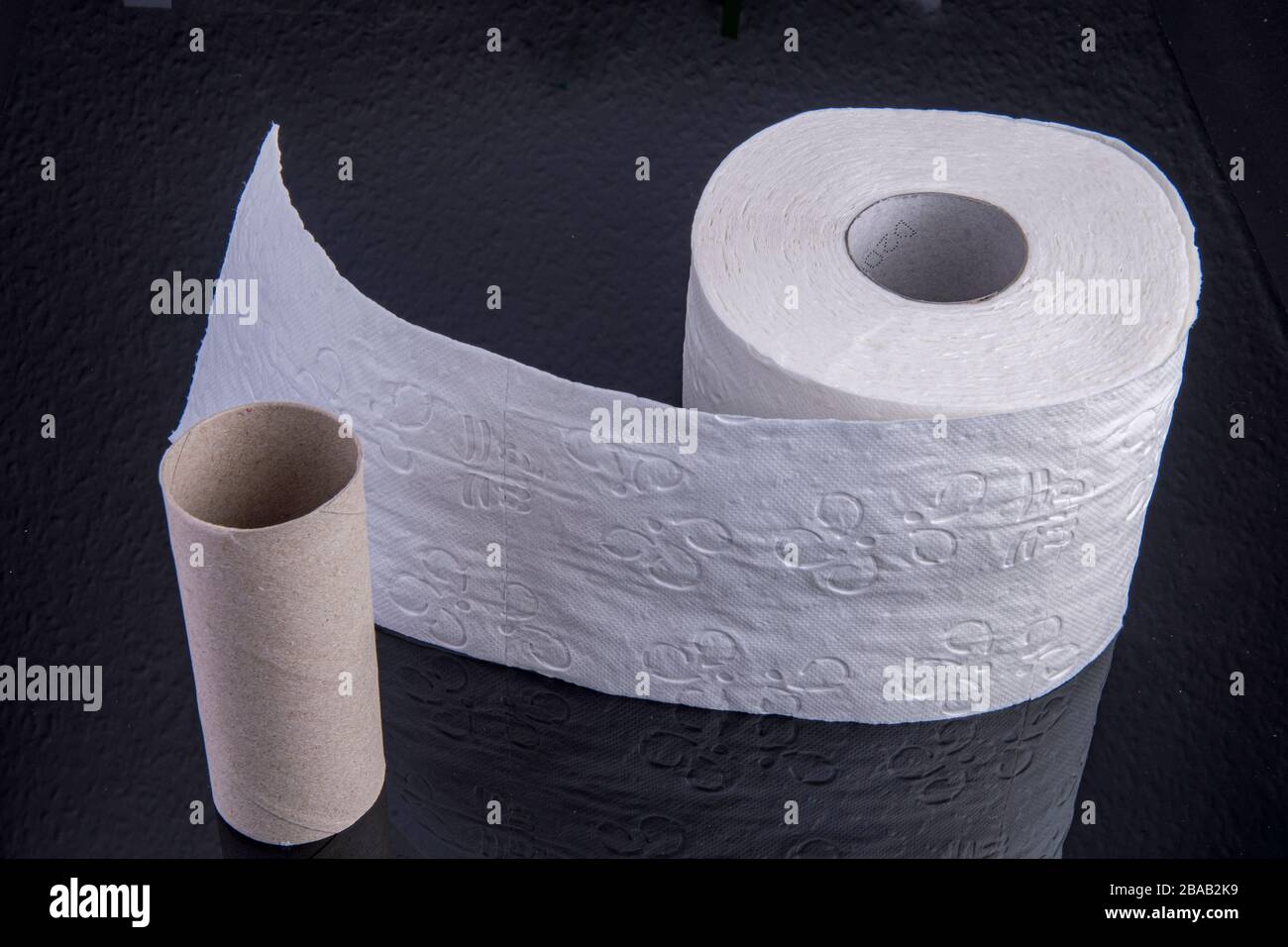 Rotolo di carta igienica con rotolo vuoto su nero Foto Stock