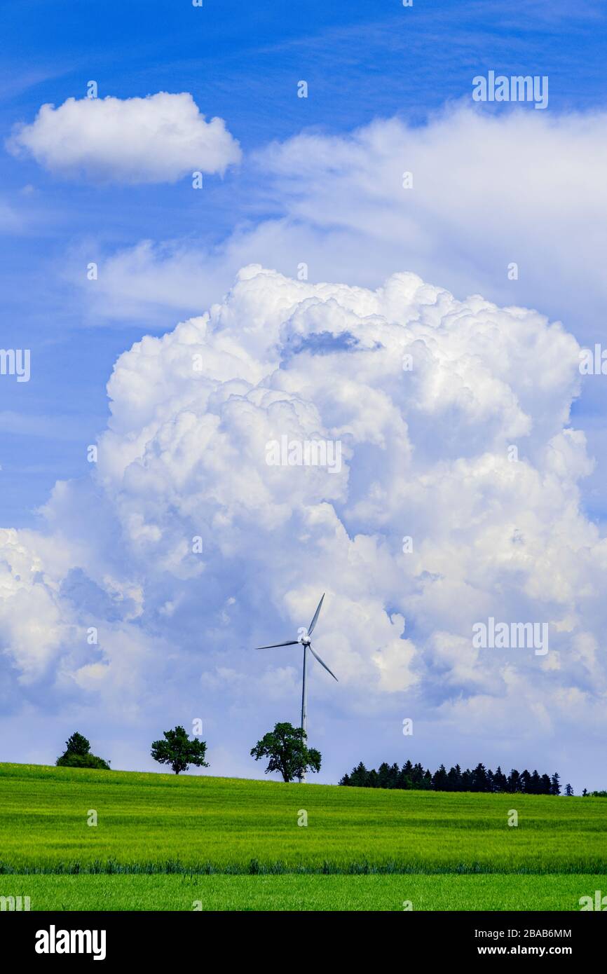 Turbina eolica con cumulus cloud, Baden Wurttemberg, Germania Foto Stock