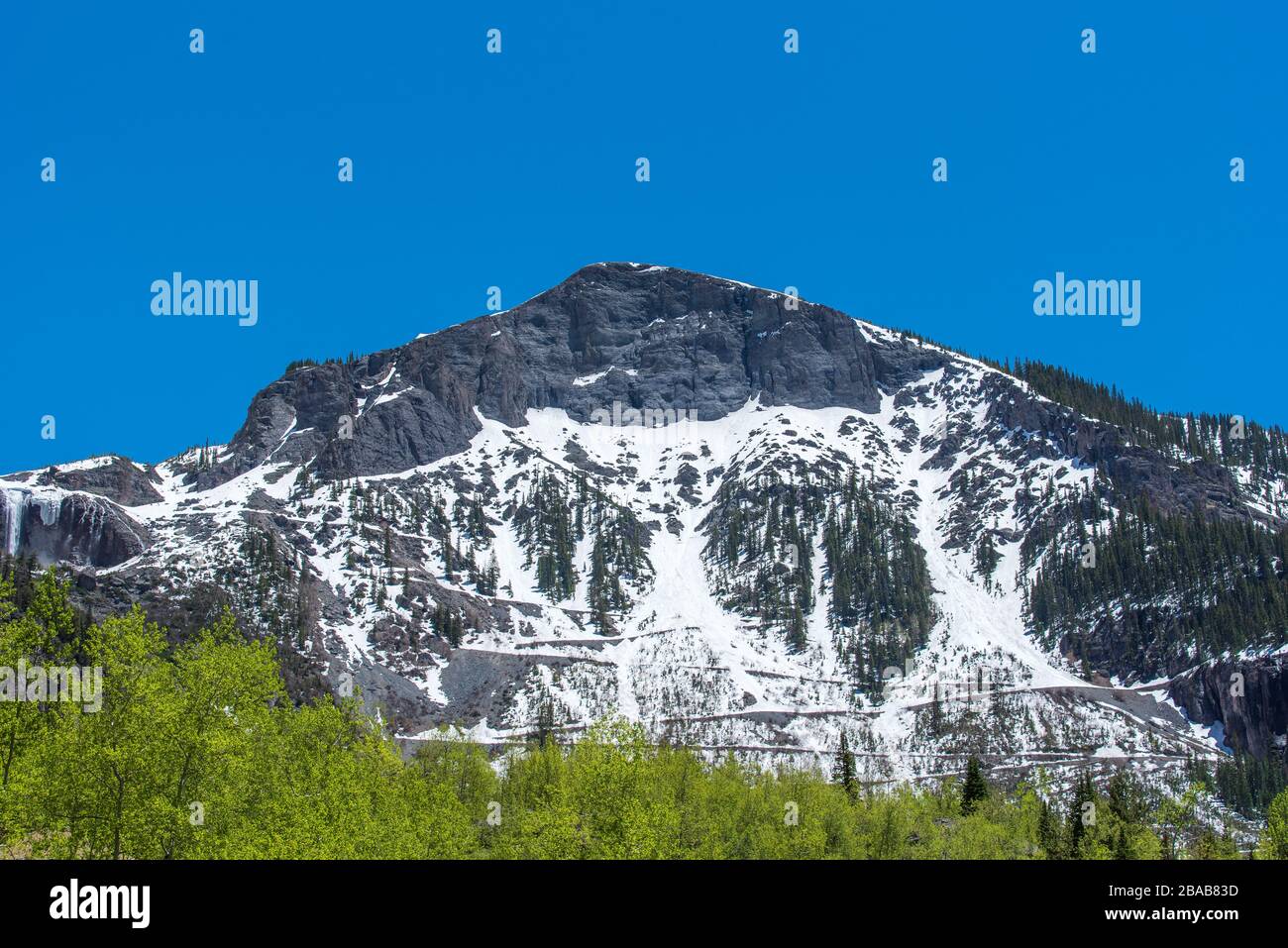 Paesaggio a bassa angolazione di una cima innevata, con cascata e alberi di aspen a Telluride, Colorado Foto Stock