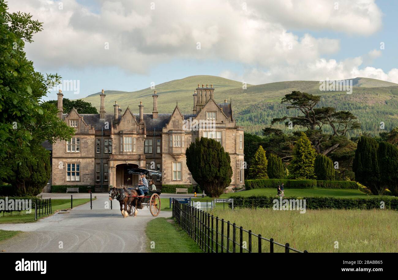 Muckross House and Gardens, carrozza trainata da cavalli o auto da turismo con turisti nel Killarney National Park, nella contea di Kerry, Irlanda Foto Stock