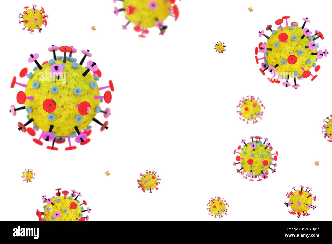 Cellule di coronavirus su sfondo bianco con spazio di copia. Giallo rosso microscopico modello di molecola 3D del virus influenzale. Foto Stock