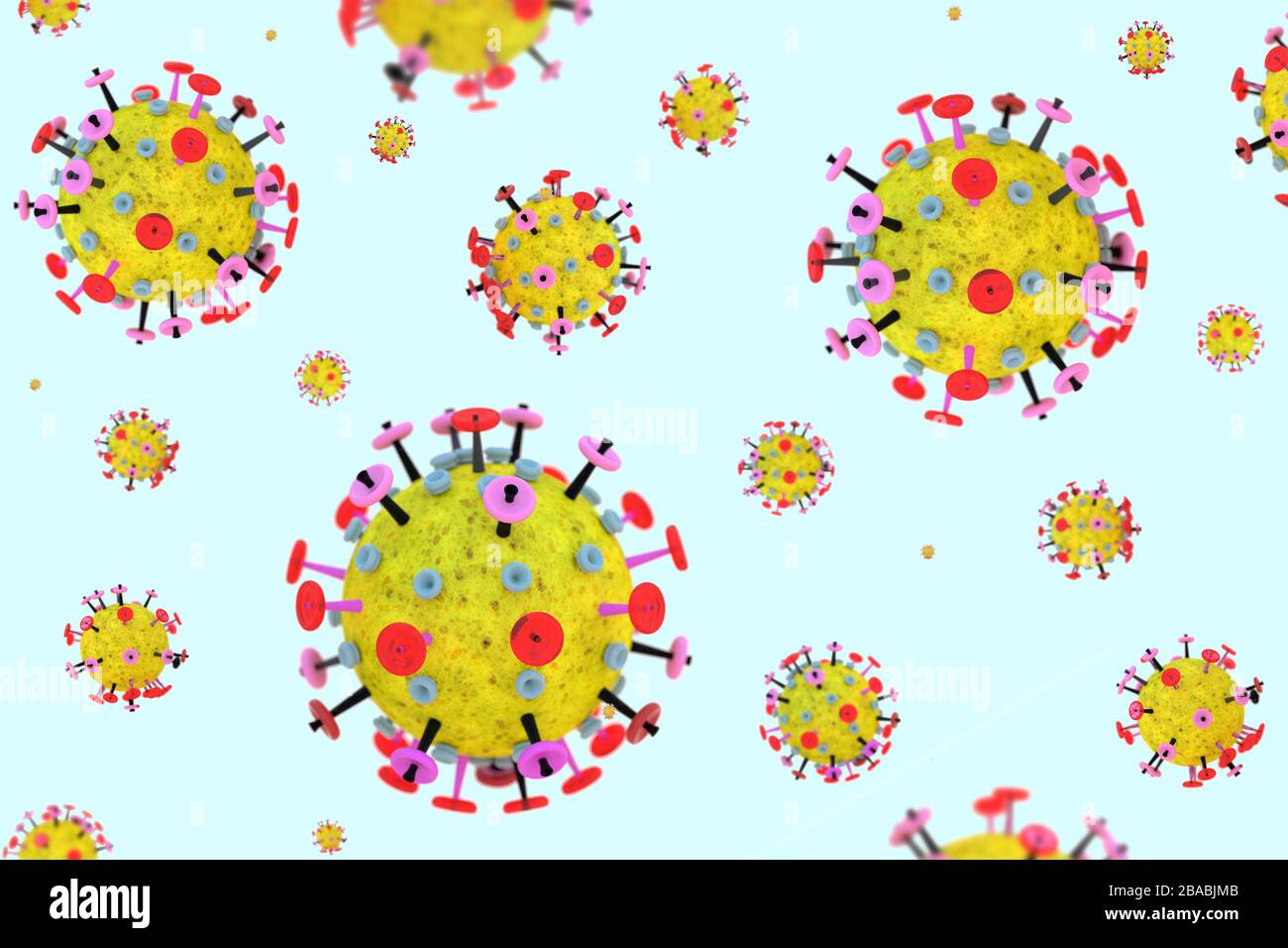 Concetto microscopico di malattia da coronavirus su sfondo blu. Giallo rosso microscopico modello di molecola 3D del virus influenzale. Foto Stock