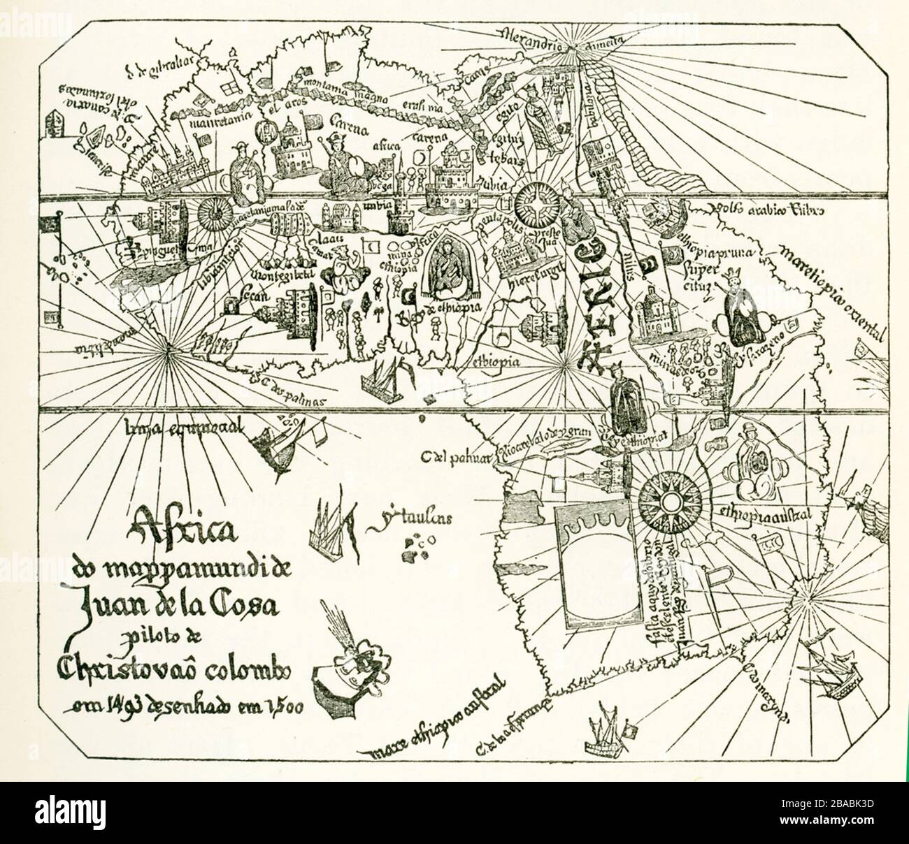 Ecco come si credeva che l’Africa fosse plasmata dopo le spedizioni di Vasco da Gama. Questa mappa è una sezione della mappa di Juan de la cosa nel 1500. Juan de la cosa era un navigatore castigliano e cartografo, noto per la progettazione della prima mappa del mondo europeo che incorporava i territori delle Americhe che sono stati scoperti nel 15 ° secolo. Vasco da Gama fu un esploratore portoghese e il primo europeo a raggiungere l'India via mare. Il suo viaggio iniziale in India fu il primo a collegare l'Europa e l'Asia tramite una rotta oceanica, collegando l'Atlantico e gli oceani indiani e quindi l'Occidente e l'Orie Foto Stock Ecco come si credeva che l’Africa fosse plasmata dopo le spedizioni di Vasco da Gama. Questa mappa è una sezione della mappa di Juan de la cosa nel 1500. Juan de la cosa era un navigatore castigliano e cartografo, noto per la progettazione della prima mappa del mondo europeo che incorporava i territori delle Americhe che sono stati scoperti nel 15 ° secolo. Vasco da Gama fu un esploratore portoghese e il primo europeo a raggiungere l'India via mare. Il suo viaggio iniziale in India fu il primo a collegare l'Europa e l'Asia tramite una rotta oceanica, collegando l'Atlantico e gli oceani indiani e quindi l'Occidente e l'Orie Foto Stock
