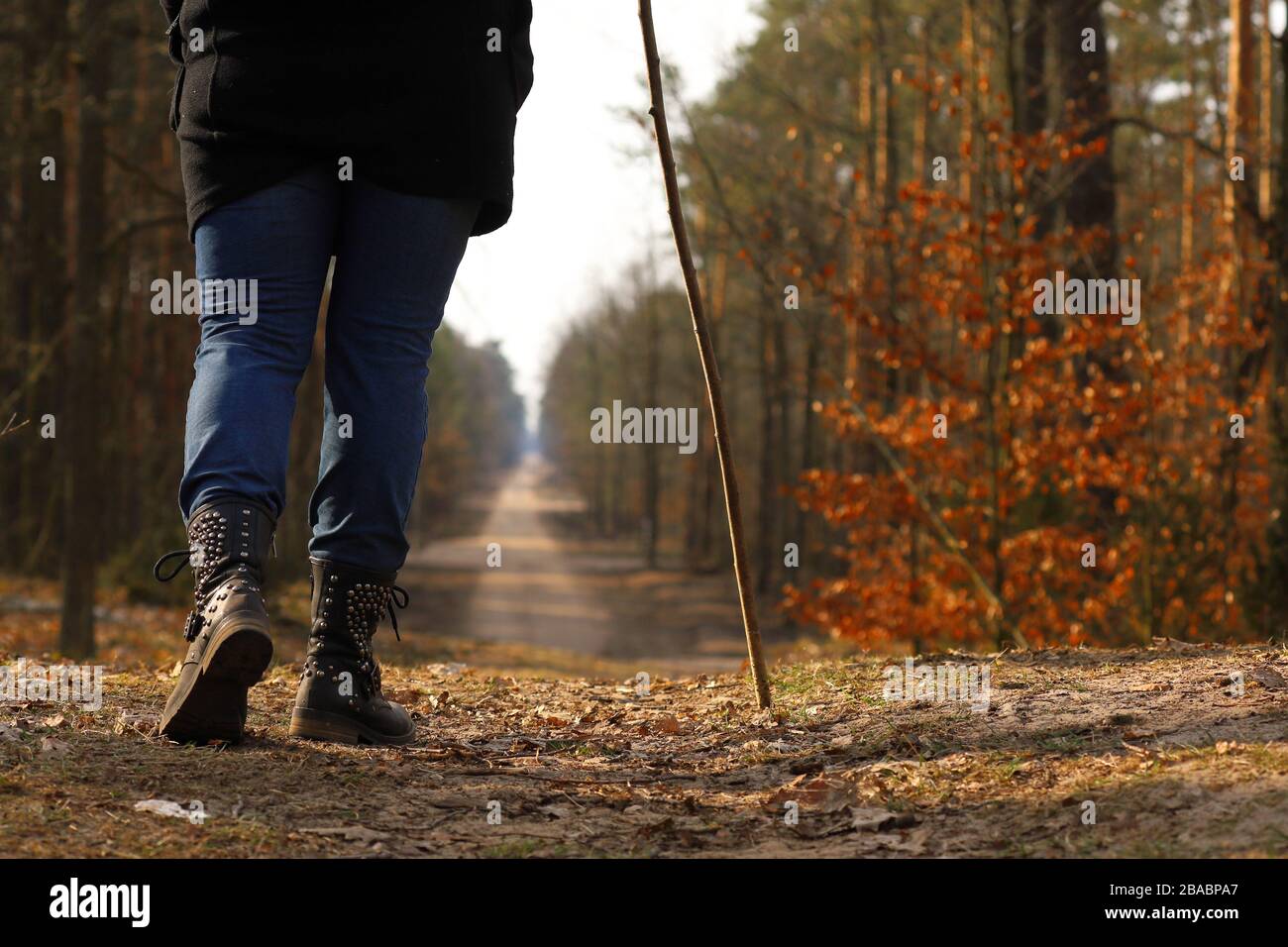 donna in una passeggiata nel bosco, uomo in una passeggiata Foto Stock