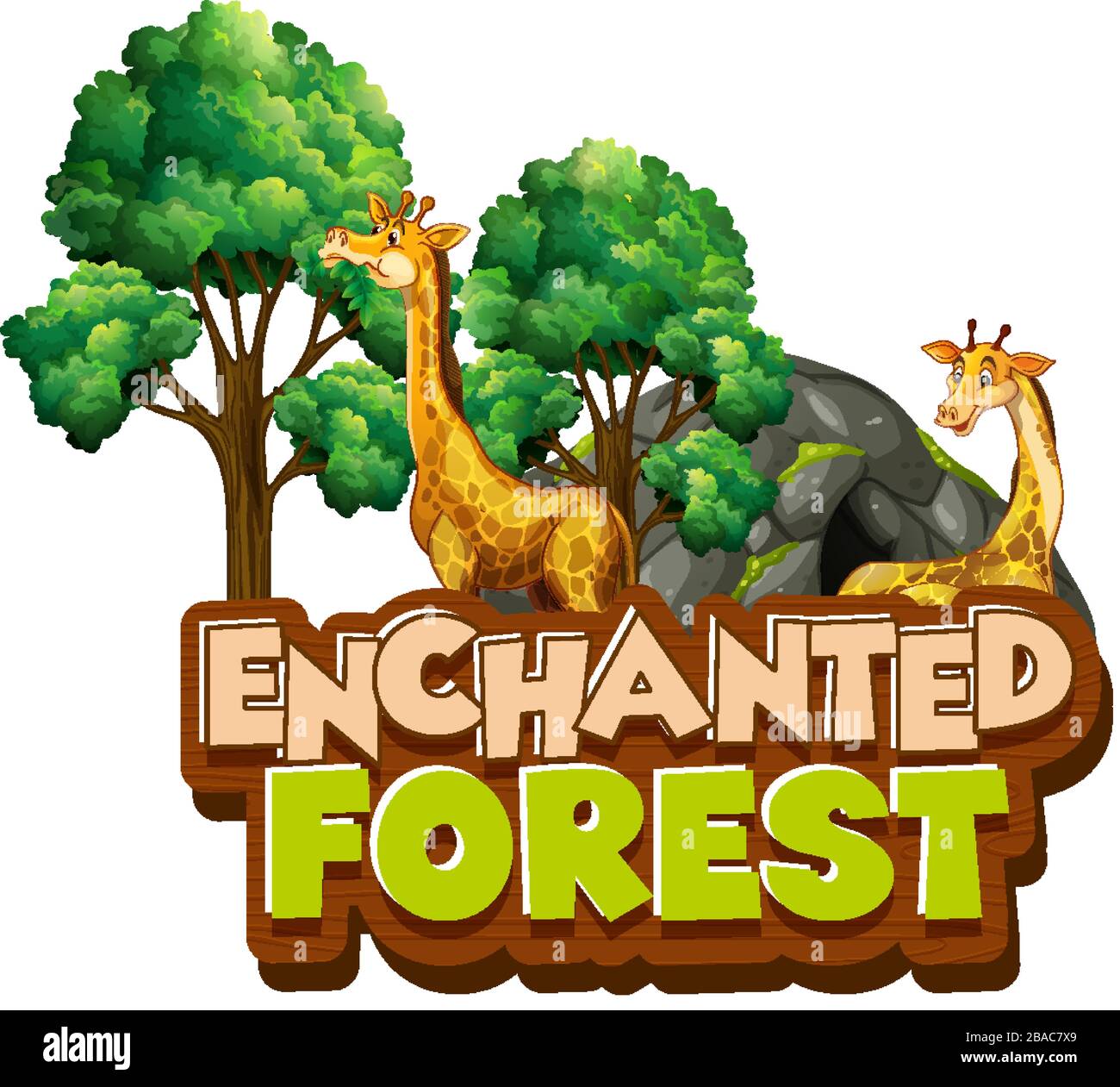 Font design per parola foresta incantata con giraffe nel parco illustrazione Illustrazione Vettoriale