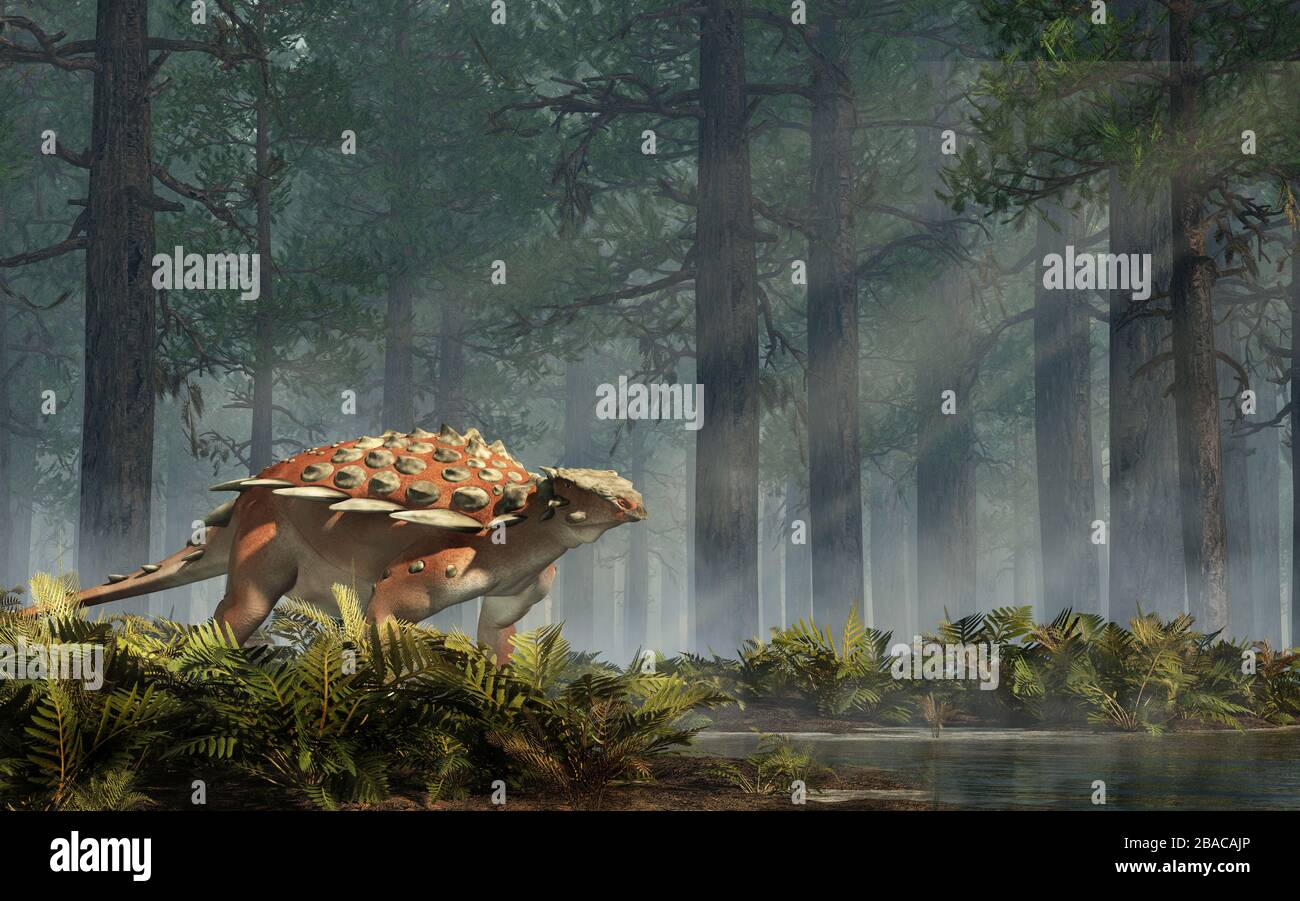 Il Gargoylosaurus era un primo anchilosauro del tardo periodo giurassico. Era un erbivoro corazzato, un quadruplicato con punte lungo il lato. In una foresta. Foto Stock