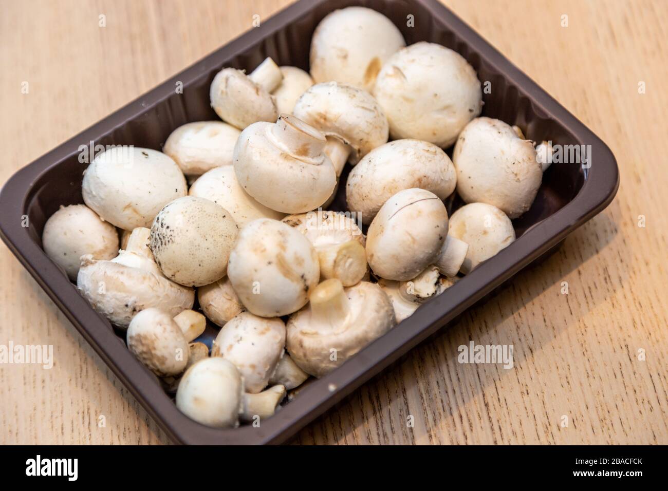 Funghi freschi in un vassoio di plastica Foto Stock