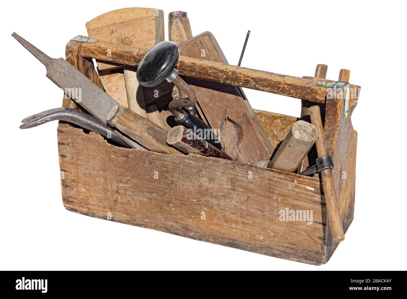 Cassetta degli attrezzi vintage WoodenTool completa di utensili da  Falegnameria. Isolato su uno sfondo bianco Foto stock - Alamy