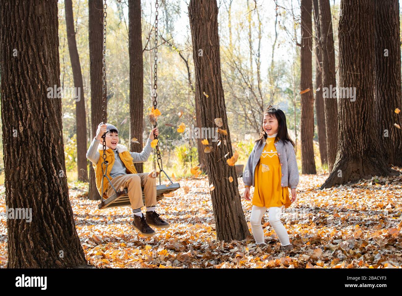 Felice ragazza sul ragazzo sul swing dietro le foglie Foto Stock