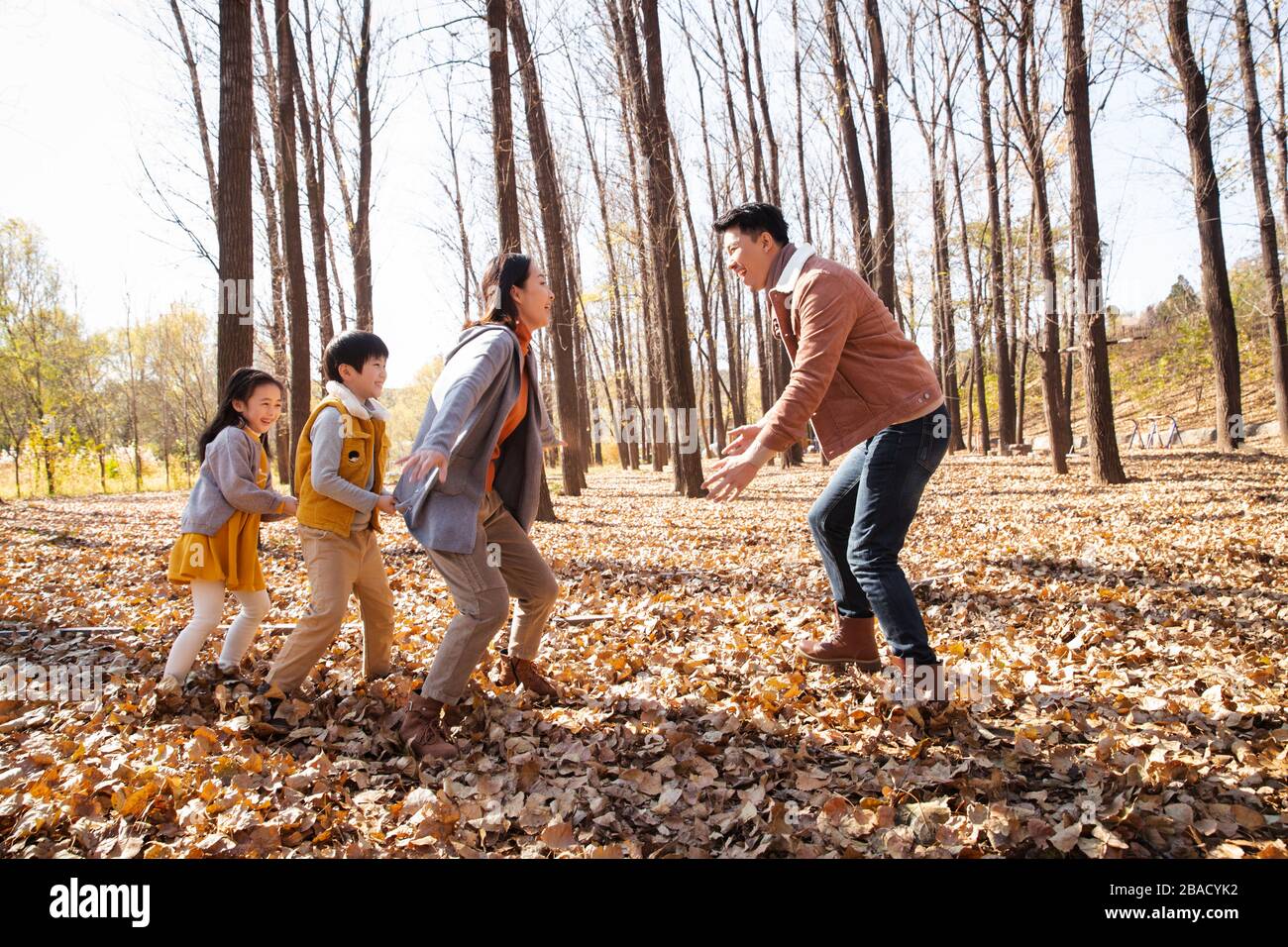 Buona famiglia nei giochi all'aperto Foto Stock