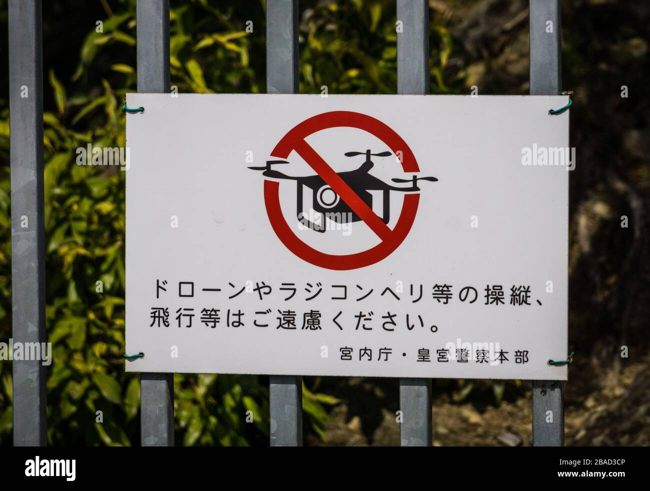 Cartello che proibisce il volo di droni ed elicotteri radiocomandati vicino al Tempio Todaiji a Nara, Giappone Foto Stock