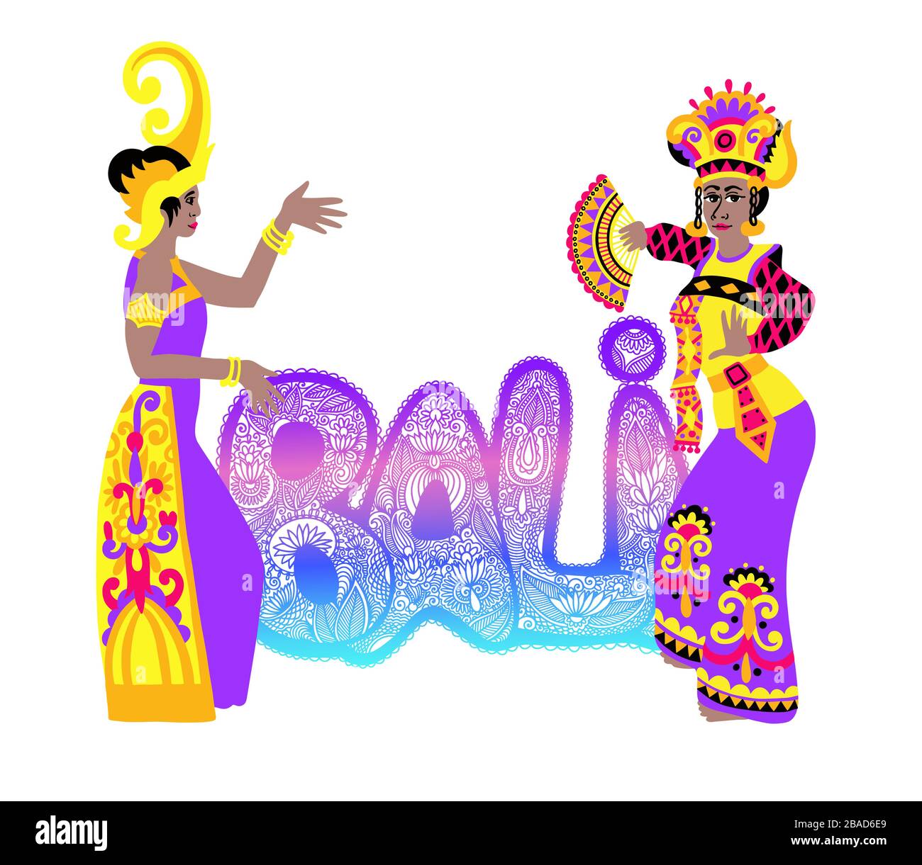 Testo scritta a mano - Bali con danzatrice tradizionale di bali, - isola famosa in Indonesia Illustrazione Vettoriale