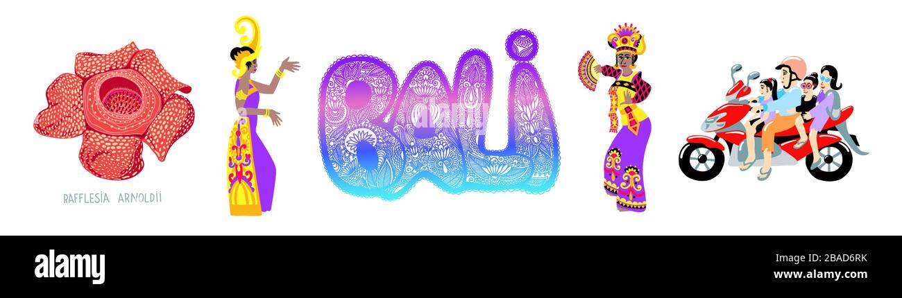 Set di 5 simboli dall'isola di Bali Indonesia - fiori di rafflesia, ballerini di bali ragazze, famiglia su un'iscrizione scritta a mano e a ciclomotori Bali Illustrazione Vettoriale