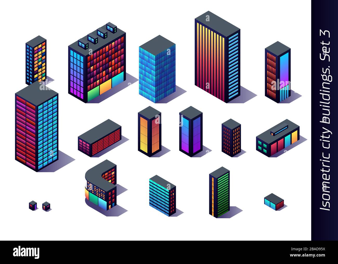 Edifici isometrici per mappe, giochi o decorazioni con modelli di quartiere del centro, industriale e residenziale Illustrazione Vettoriale