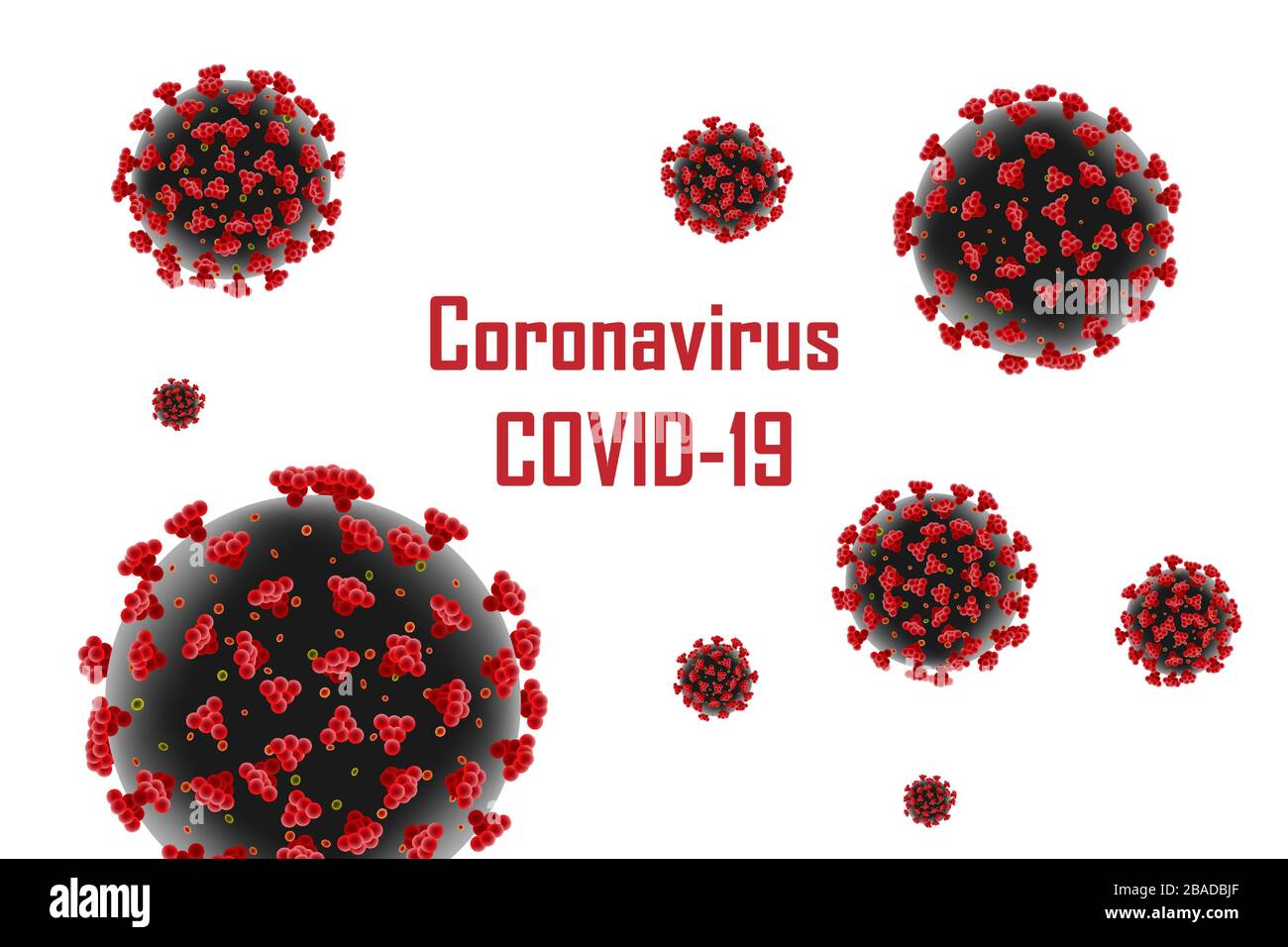 Banner Corona Virus 2019-ncov. Malattia da virus medico, infezioni da Coronavirus di base. Illustrazione del vettore della molecola rossa di cellule di coronavirus. Illustrazione Vettoriale