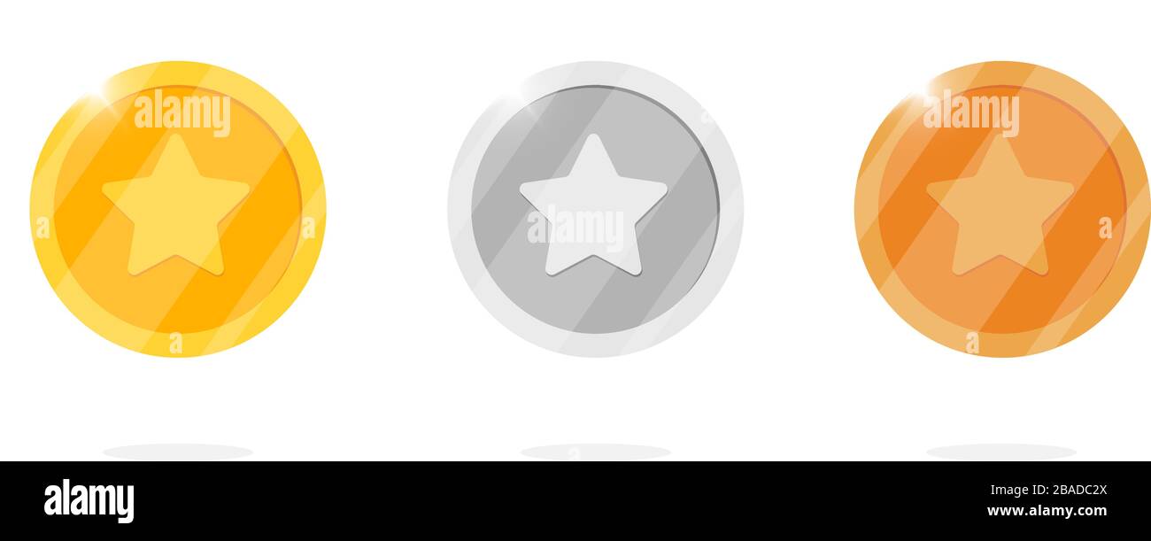 Medaglia d'oro in bronzo argento con stella per videogiochi o animazioni di app. Bingo jackpot poker casinò vincere elementi. Concetto di tesoro di contanti isolato flat eps vettoriale illustrazione Illustrazione Vettoriale