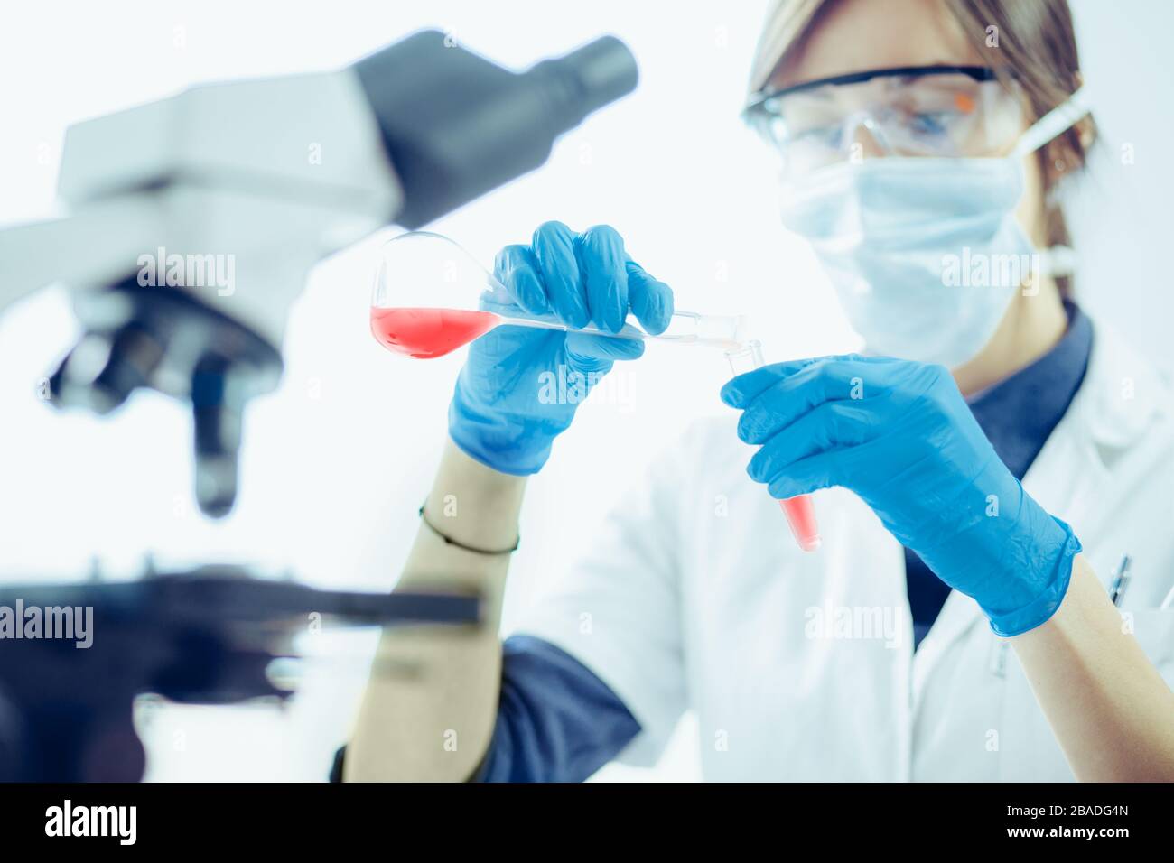 Ai giovani scienziati guardando attraverso un microscopio in un laboratorio. Ai giovani scienziati di fare qualche ricerca. Foto Stock